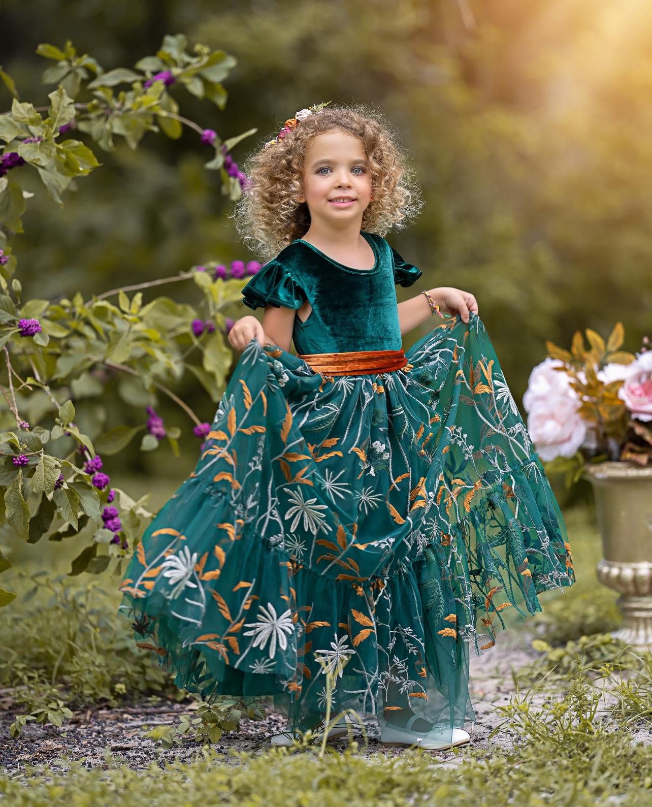 Hunter Green Floral Embroidered Tulle Velvet Flower Girl Dress