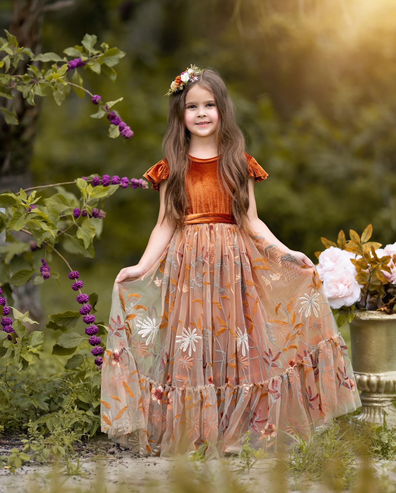 Burnt Orange Floral Embroidered Tulle Velvet Flower Girl Dress