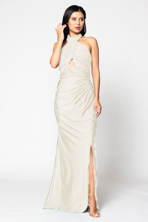 BARI JAY STYLE 2206 Halter Pleated Criss-Cross Bridesmaid Dress With Keyhole