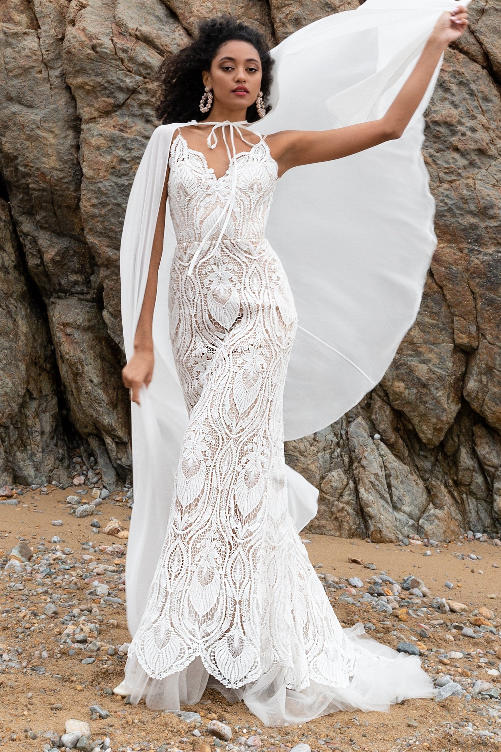 Trumpet Sweep-Brush Train Chiffon Lace Wedding Dress