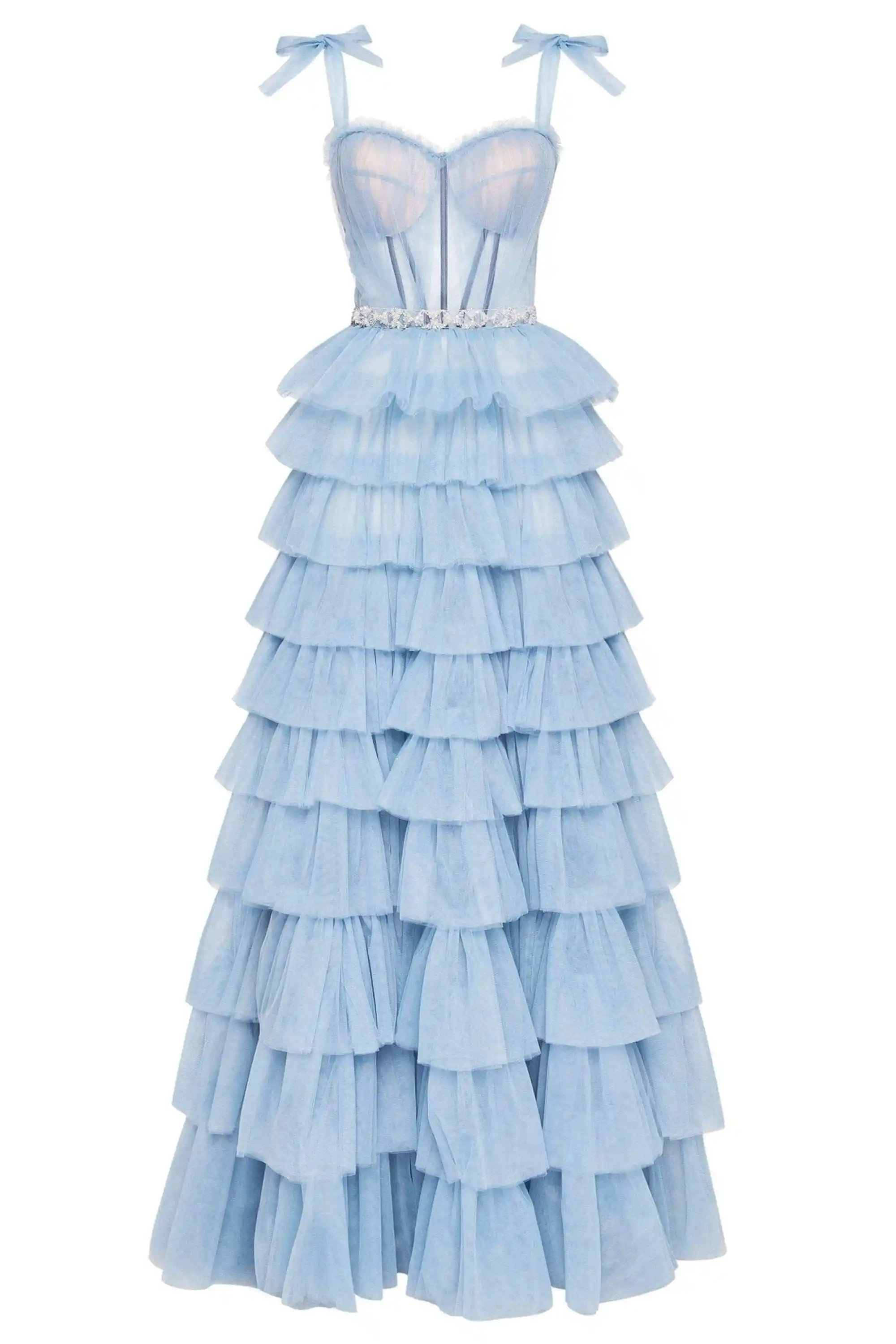 A-Line Spaghetti Strap Tiered Tulle Prom Dress Ruffles Formal Evening Party Gowns