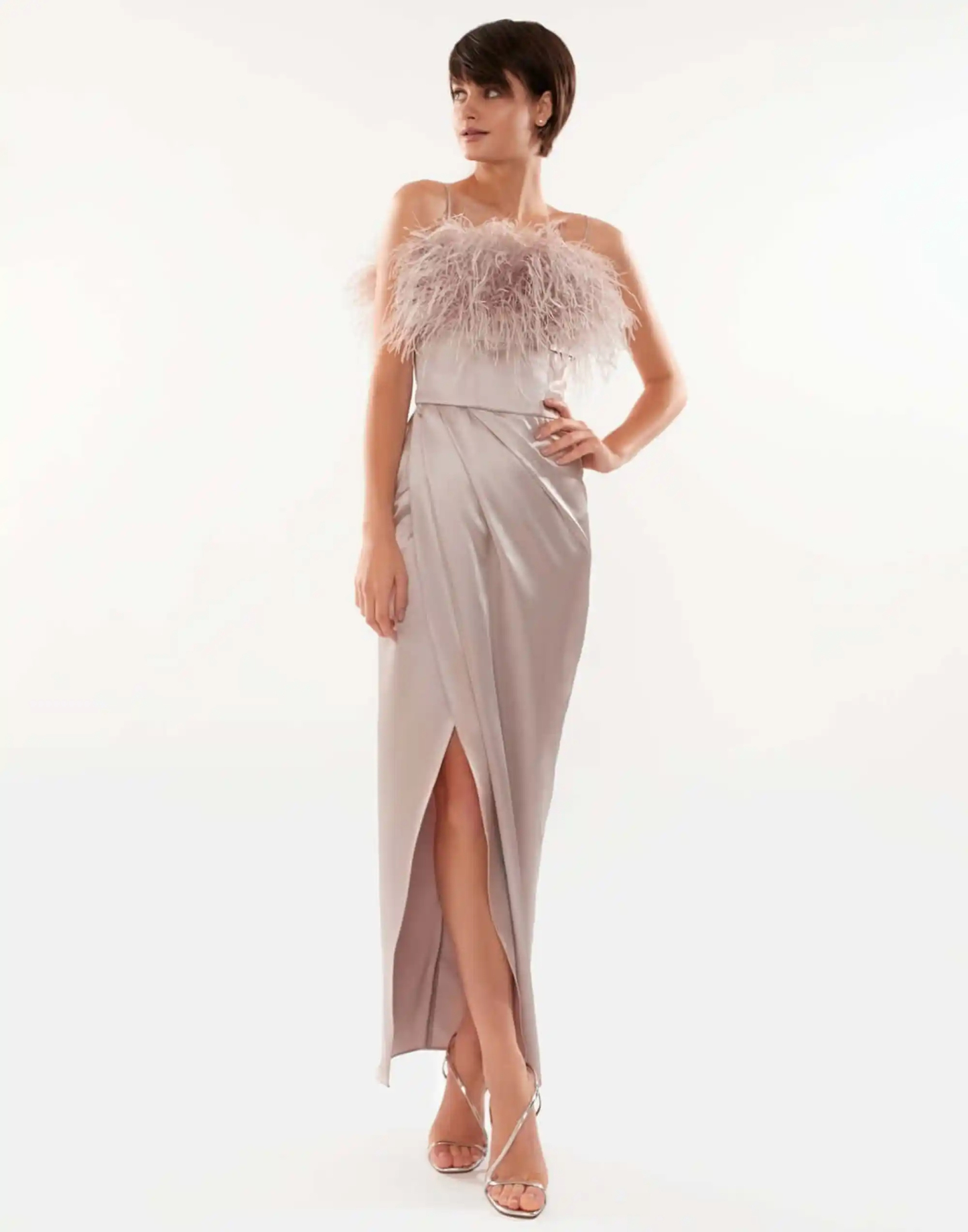 Misty Rose Celina Slip Midi Feathered Evening Dress