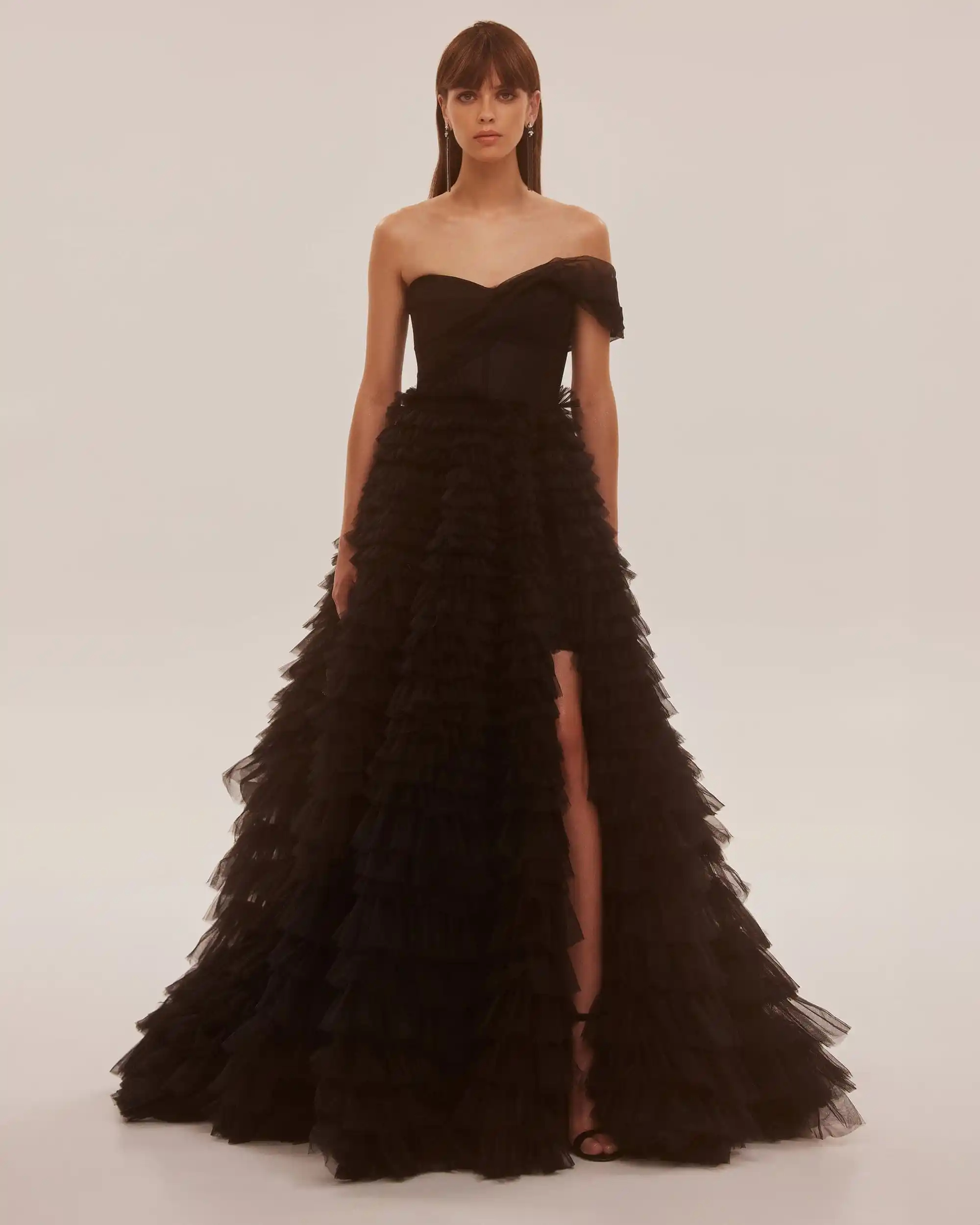 Timeless Black One Shoulder Frill Layered Ball Gown