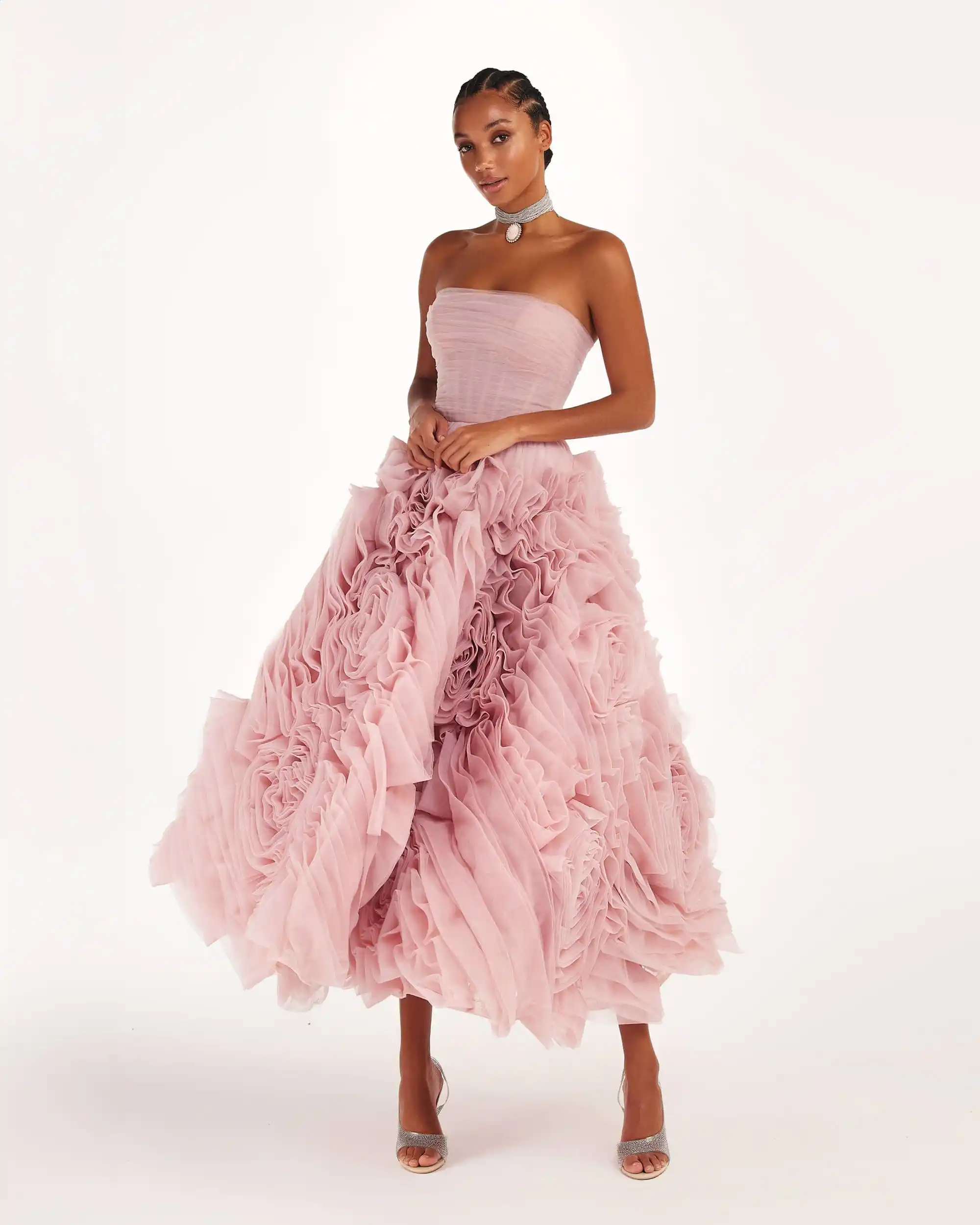 Dramatically Misty Pink Flowered Tulle Dress