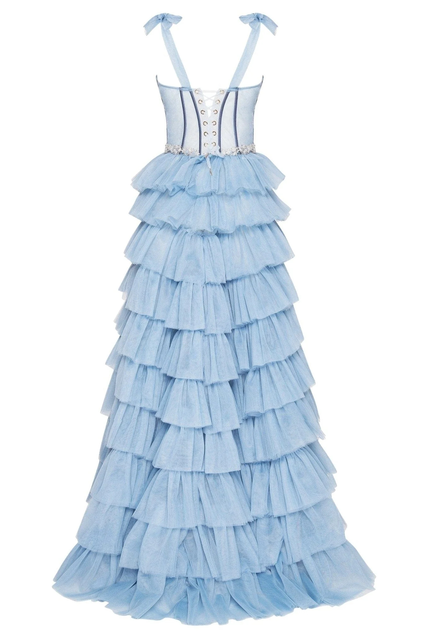 A-Line Spaghetti Strap Tiered Tulle Prom Dress Ruffles Formal Evening Party Gowns
