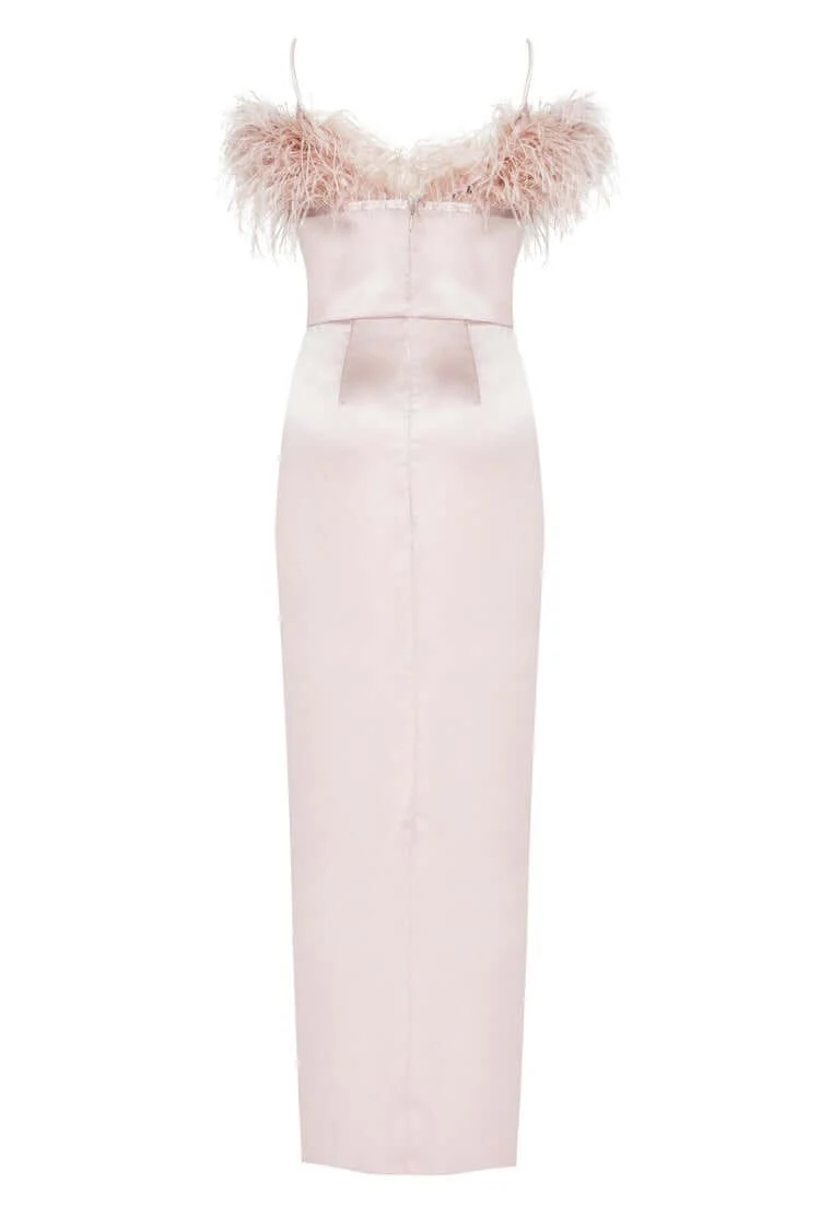 Misty Rose Celina Slip Midi Feathered Evening Dress