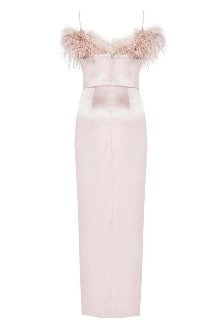 Misty Rose Celina Slip Midi Feathered Evening Dress