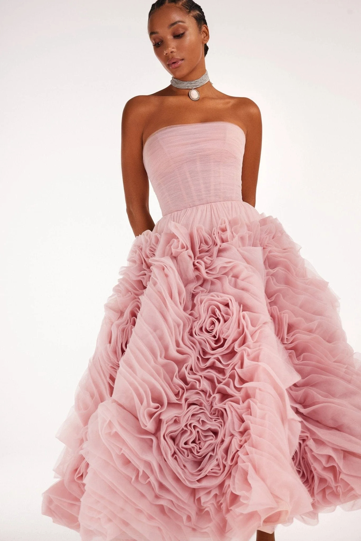 Dramatically Misty Pink Flowered Tulle Dress