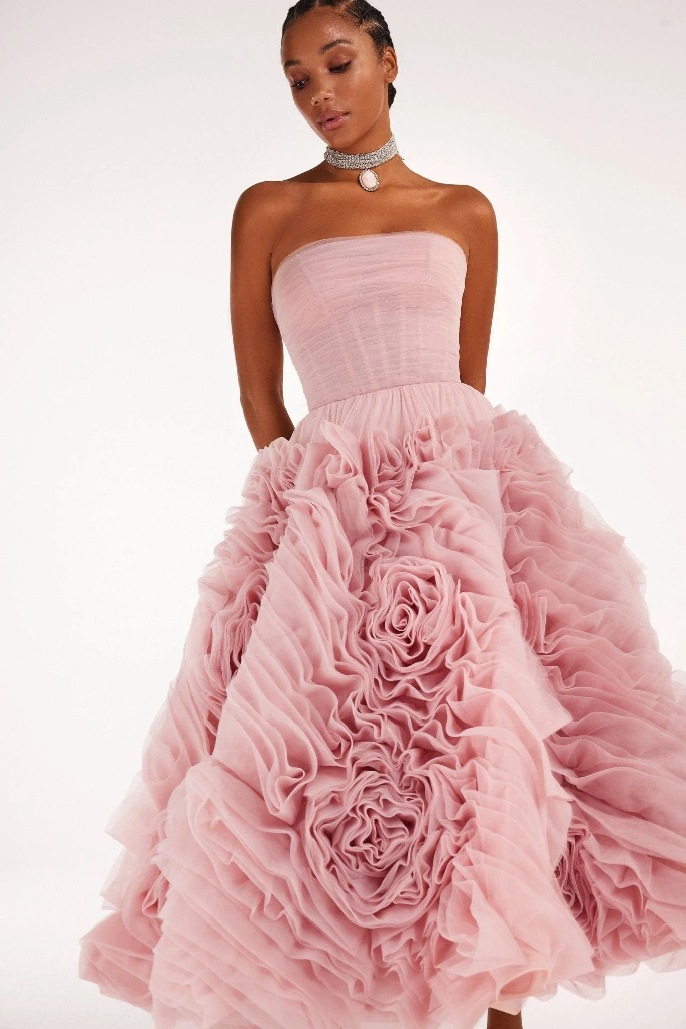 Dramatically Misty Pink Flowered Tulle Dress