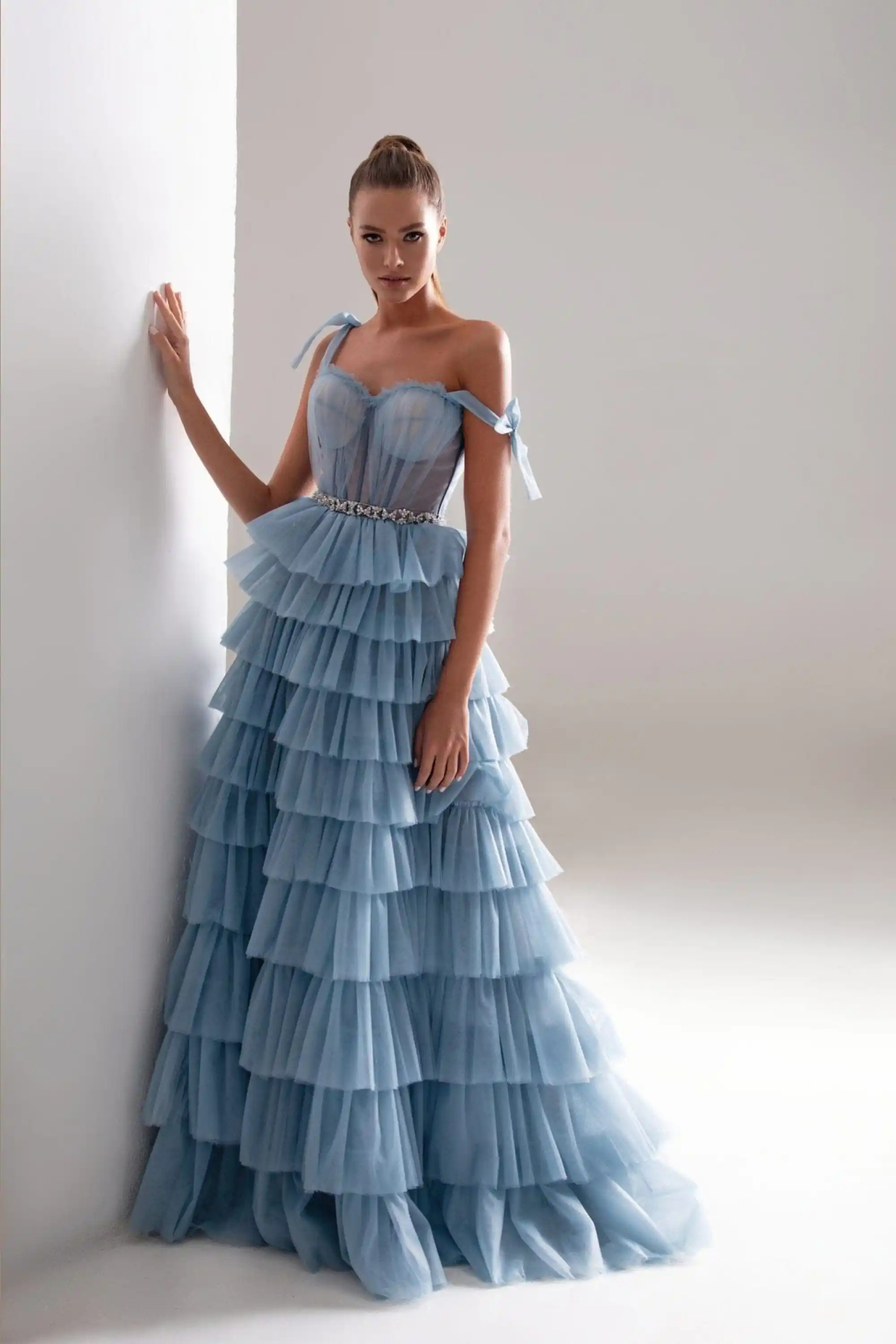 A-Line Spaghetti Strap Tiered Tulle Prom Dress Ruffles Formal Evening Party Gowns