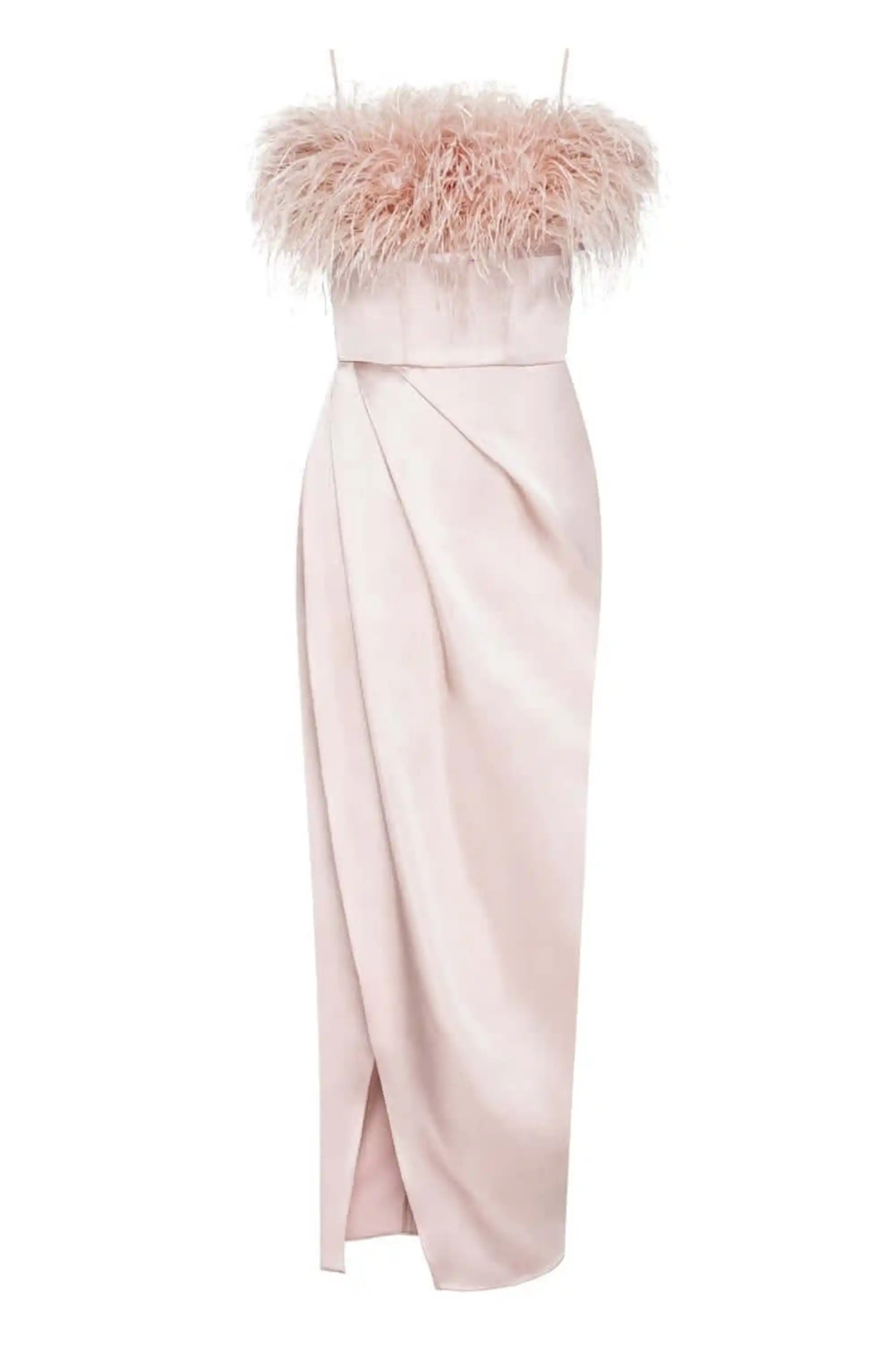 Misty Rose Celina Slip Midi Feathered Evening Dress
