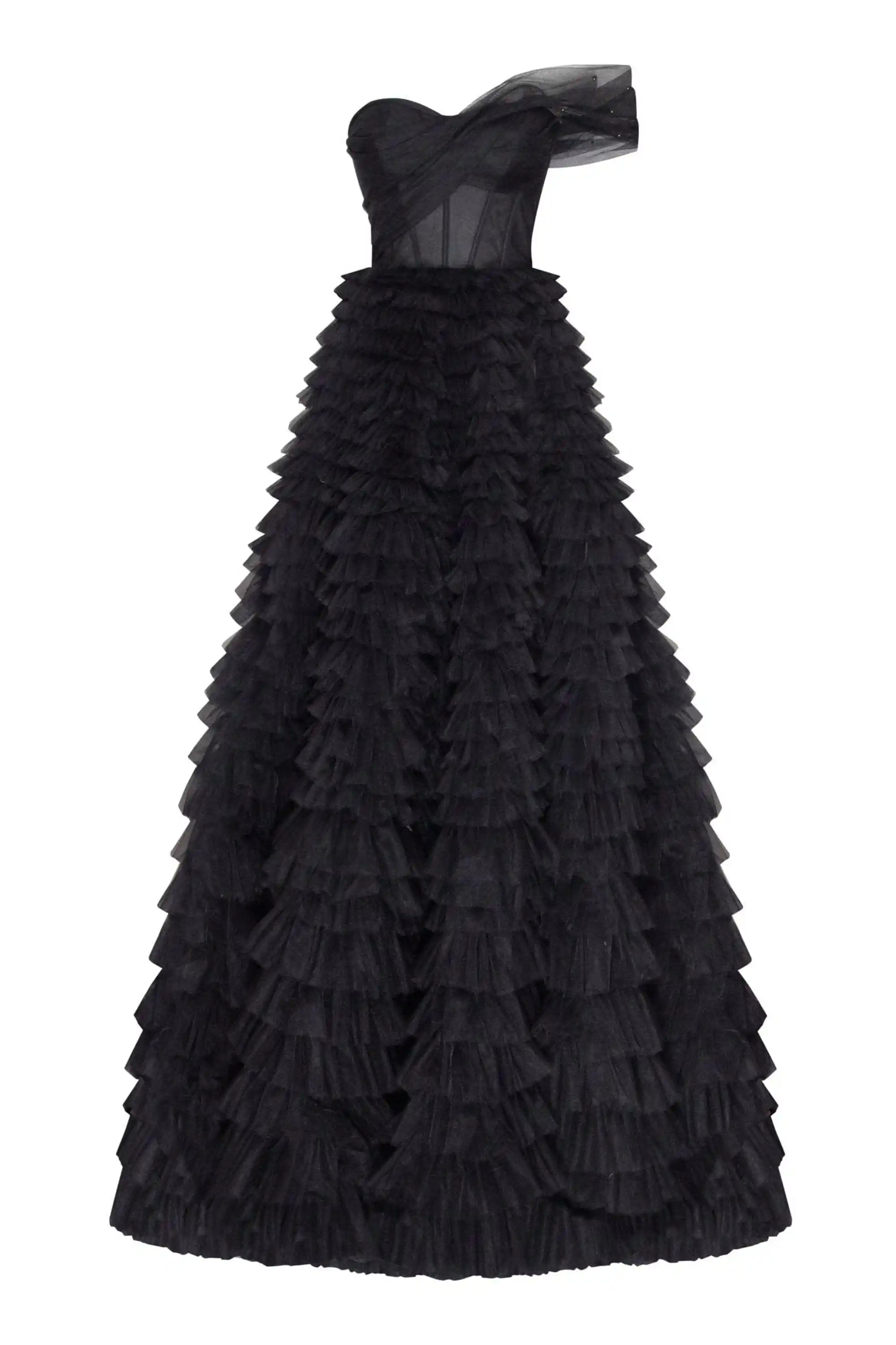 Timeless Black One Shoulder Frill Layered Ball Gown