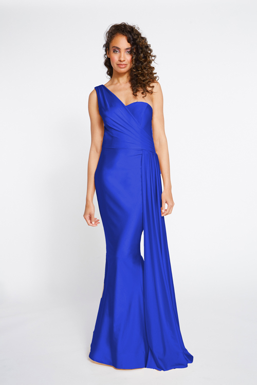 BARI JAY STYLE 2253 One Shoulder Bridesmaid Dress With Ruched Side Seam