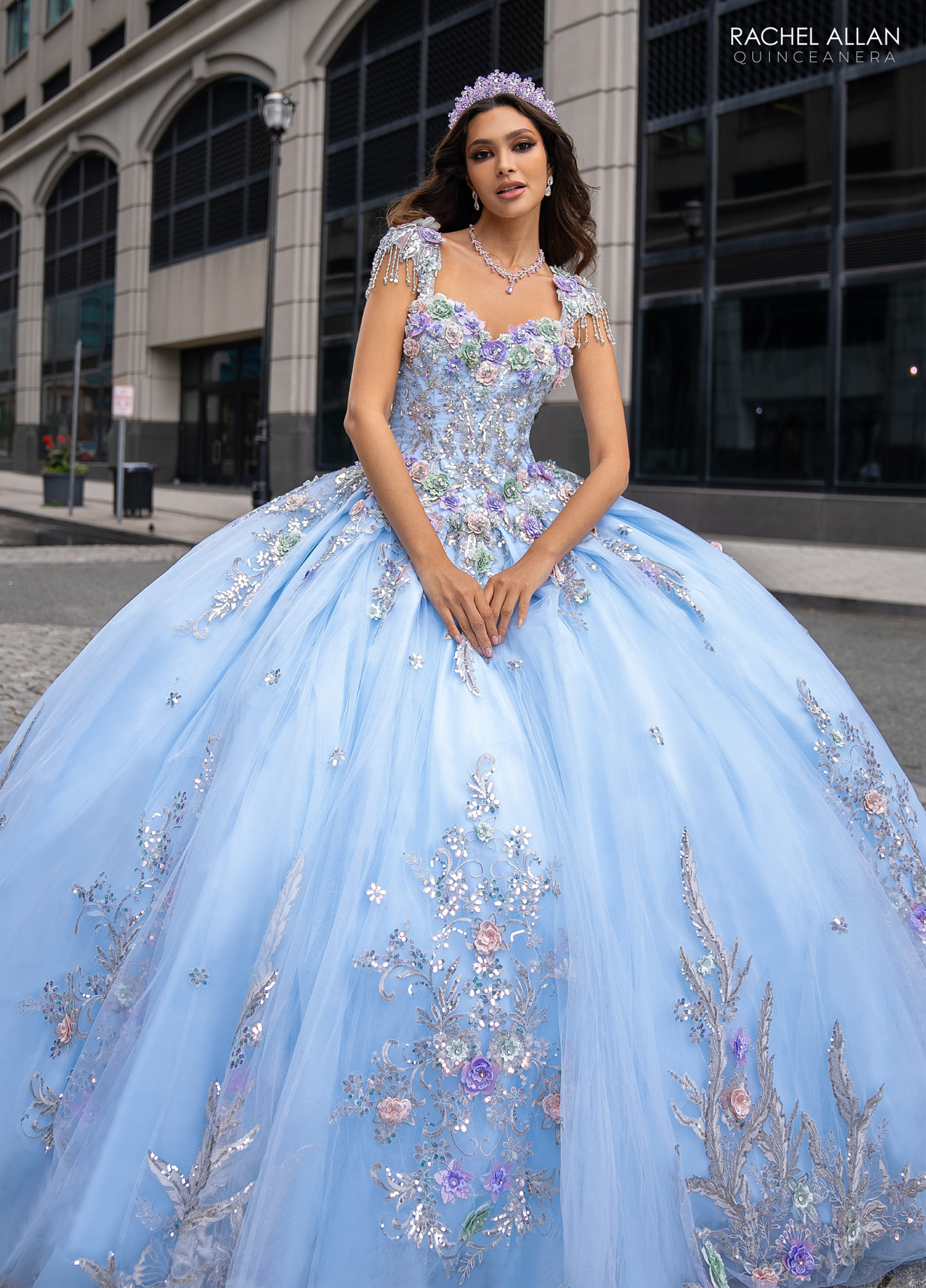 Glitter tulle ballgown Applique 3d Flowers Quinceanera Gowns #RQ3126