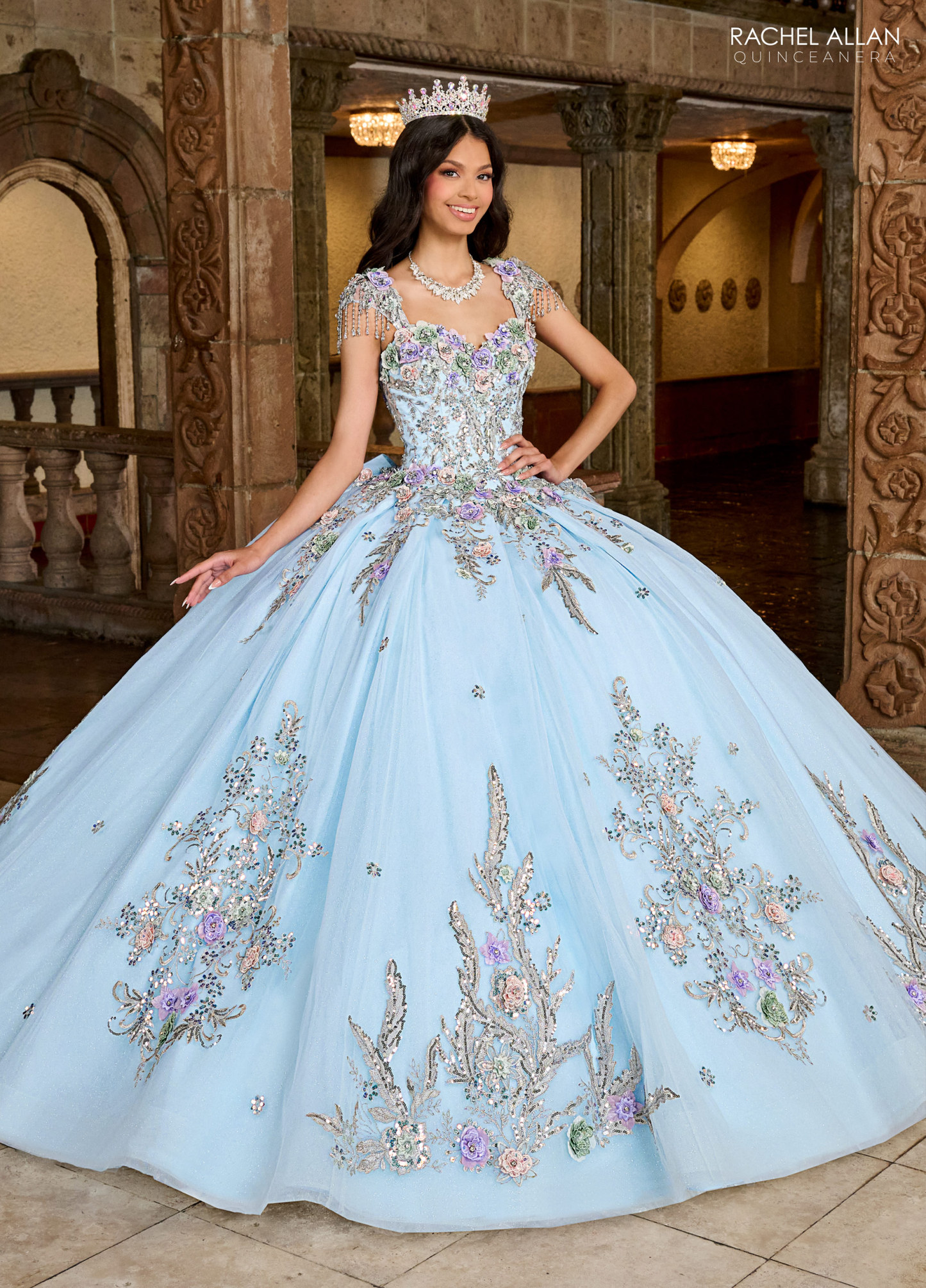 Glitter tulle ballgown Applique 3d Flowers Quinceanera Gowns #RQ3126