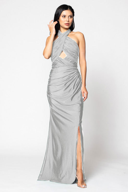 BARI JAY STYLE 2206 Halter Pleated Criss-Cross Bridesmaid Dress With Keyhole