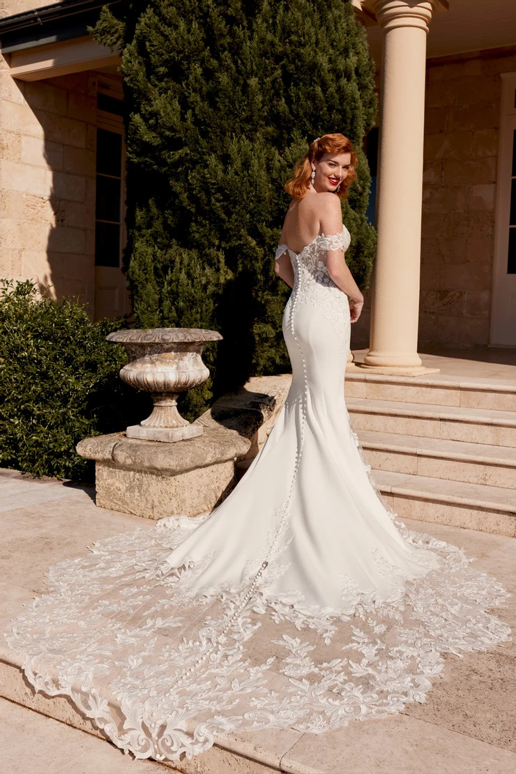 Off-Shoulder Wedding Dress With Laser Cut Train # ST611