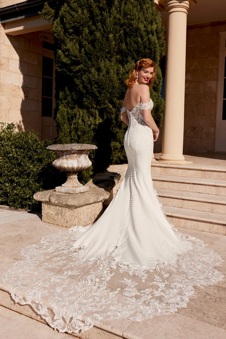 Off-Shoulder Wedding Dress With Laser Cut Train # ST611