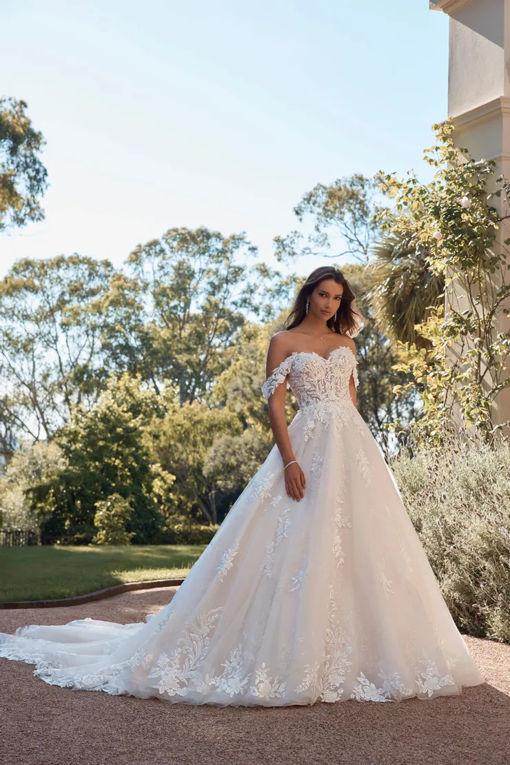 Beaded Bridal Ball Gown Featuring Grand Train With Lace Trim # ST625