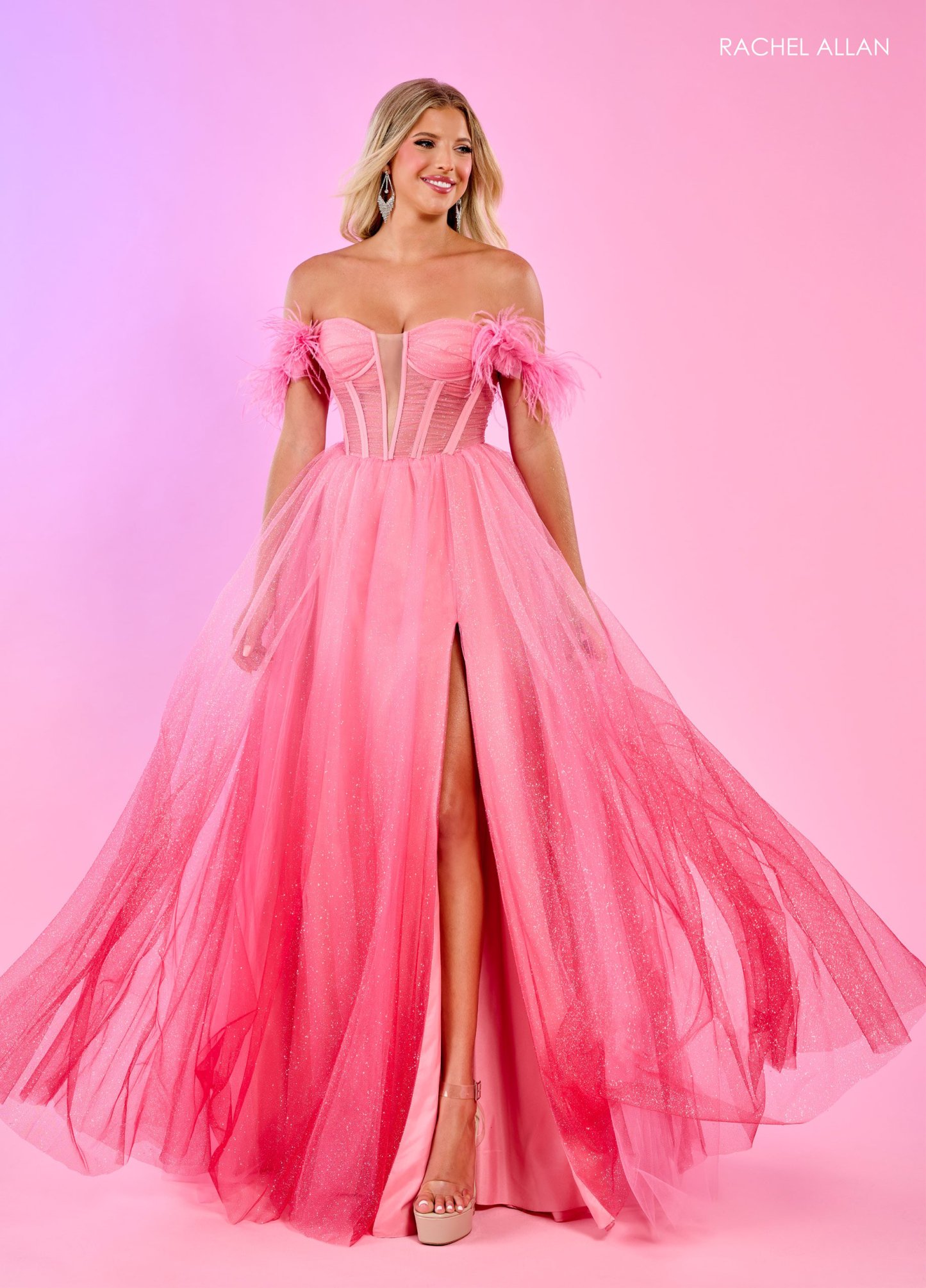 Breathtaking Off-The-Shoulder Ombre Glitter Tulle Feathers Prom Dress
