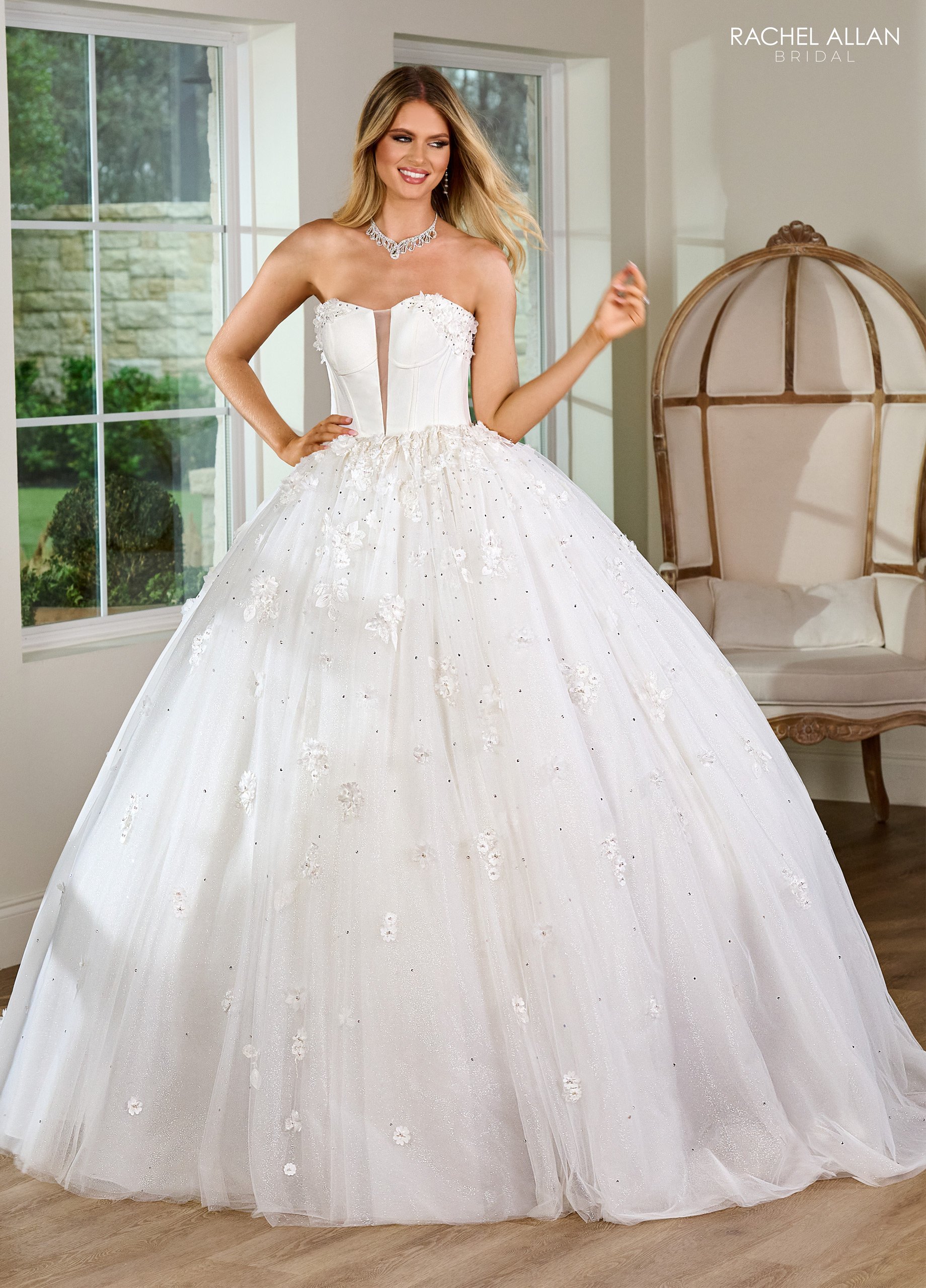 Delicate Sequins Floral Embroidery Detachable Organza Sleeves Wedding Dress RB6152