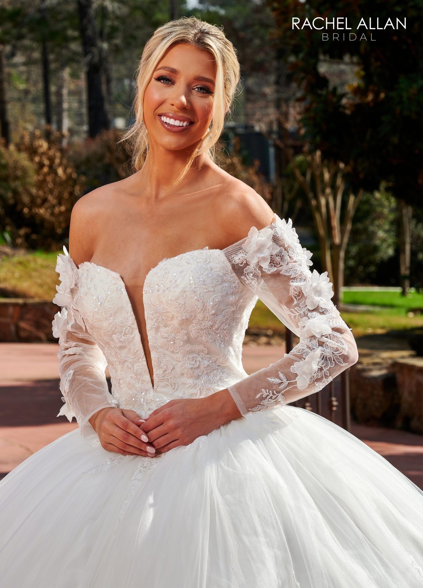 Plunging V-Neck Off-The-Shoulder Illusion Long Sleeves Wedding Dress RB6129