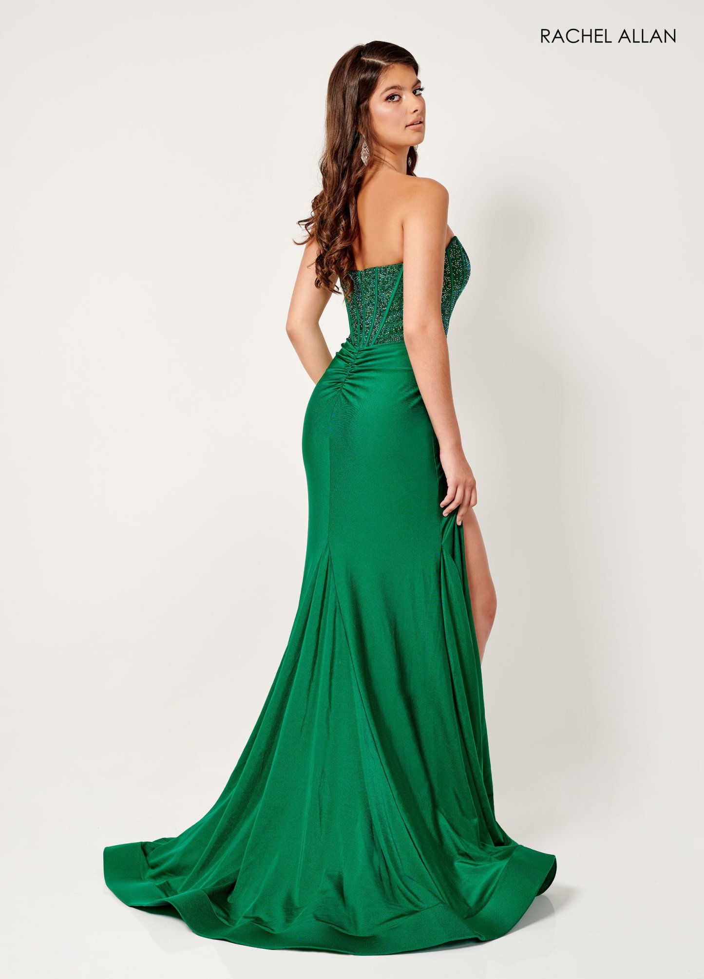 Stunning Strapless Luxe Lycra Jersey Beaded Bodice High Slit Prom Dress 70305