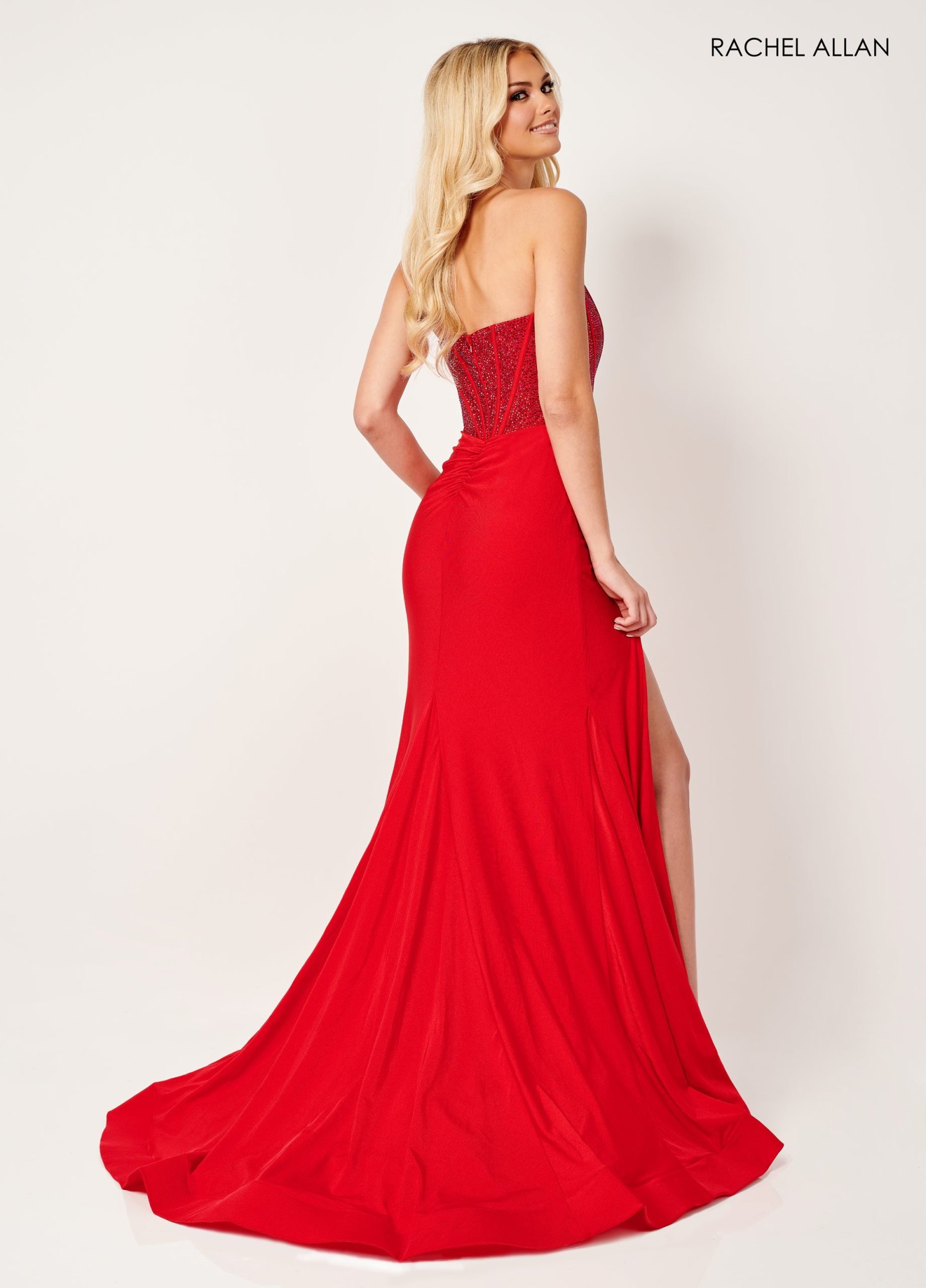 Stunning Strapless Luxe Lycra Jersey Beaded Bodice High Slit Prom Dress 70305
