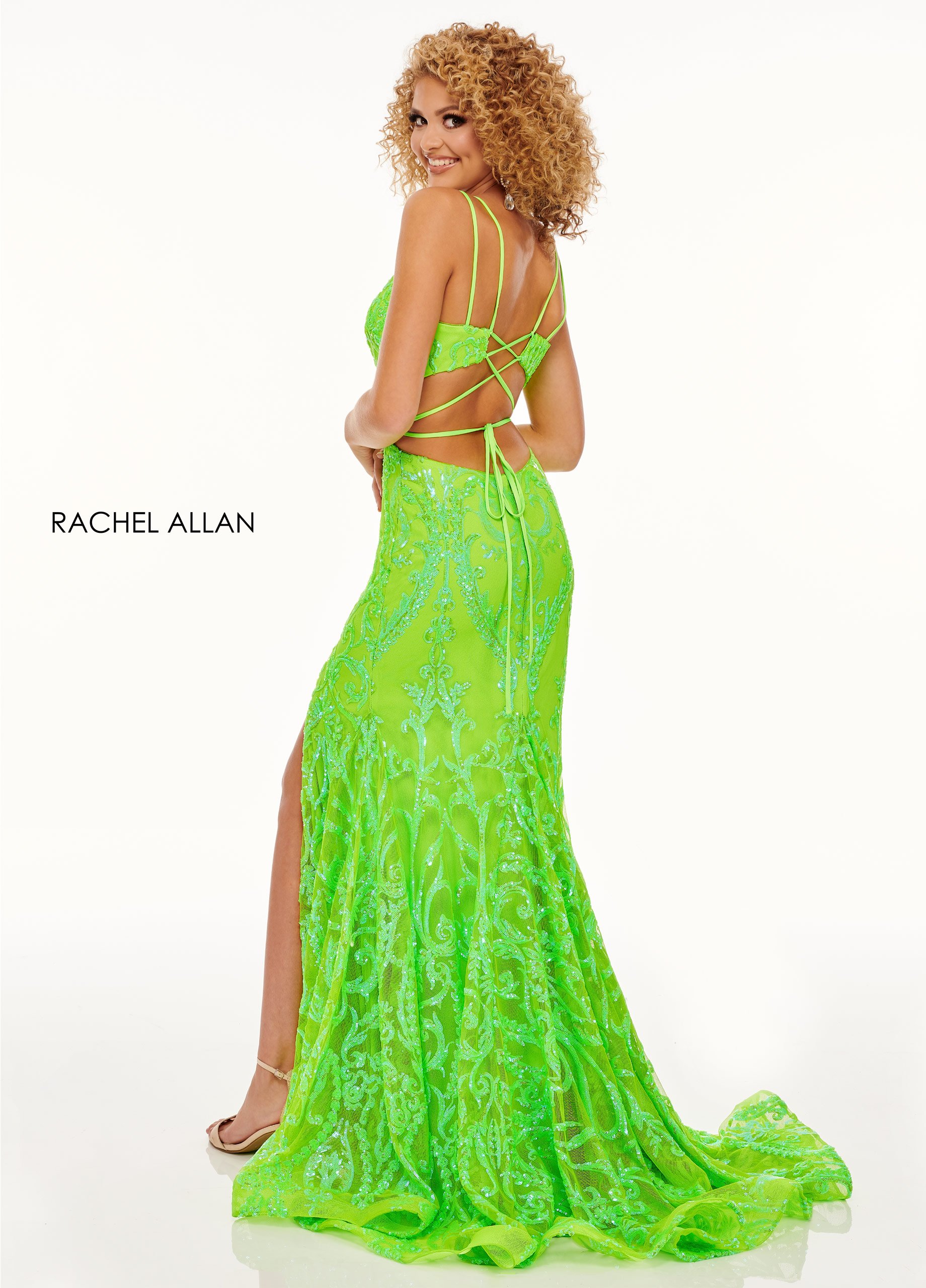 Fitted V-Neck Sequin Tulle Lace-Up Back Prom Dress 70279