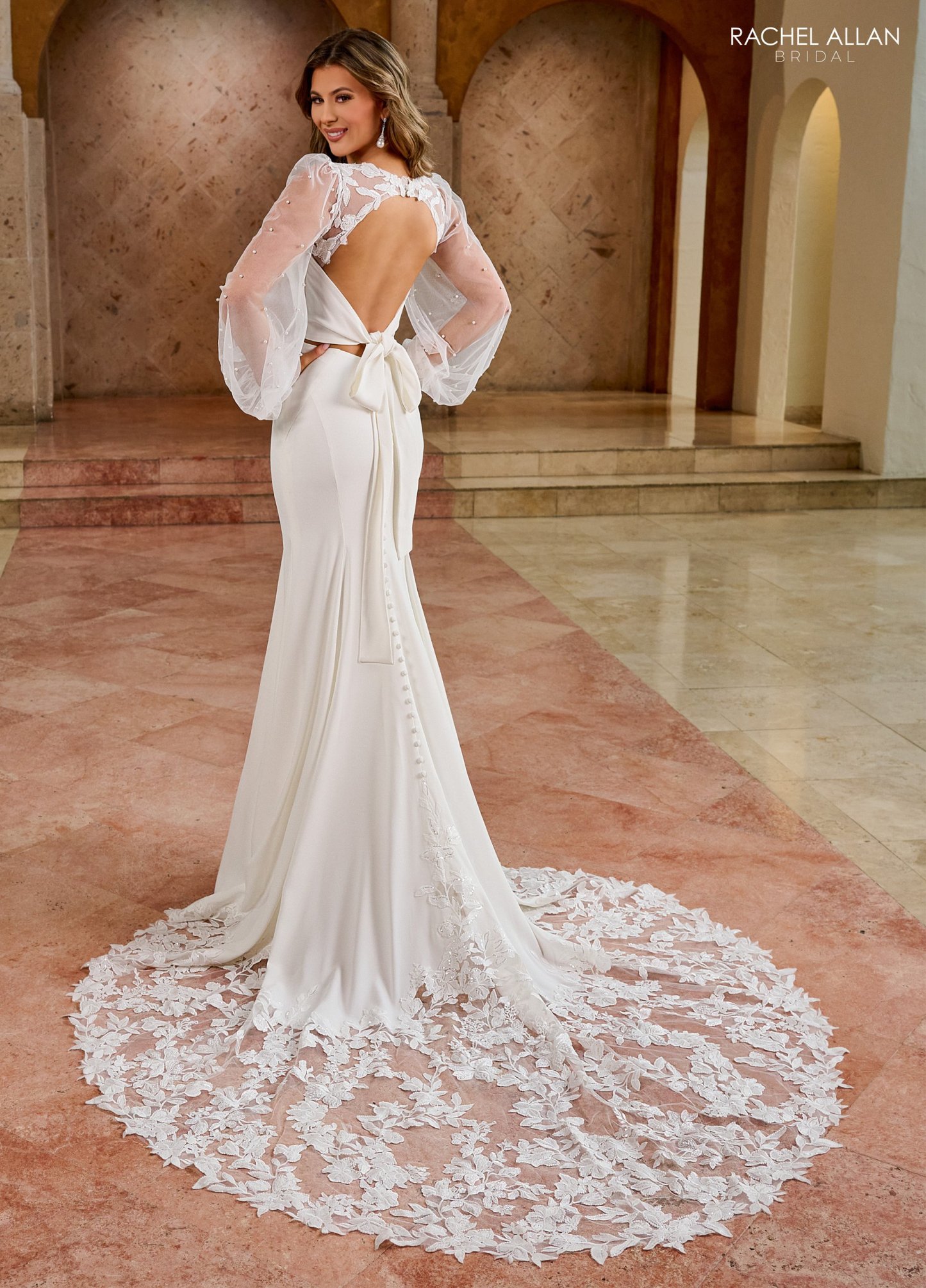 Deep V-Neck Stretch Crepe Pearls Wedding Dress With Bishop Sleeves RB5061