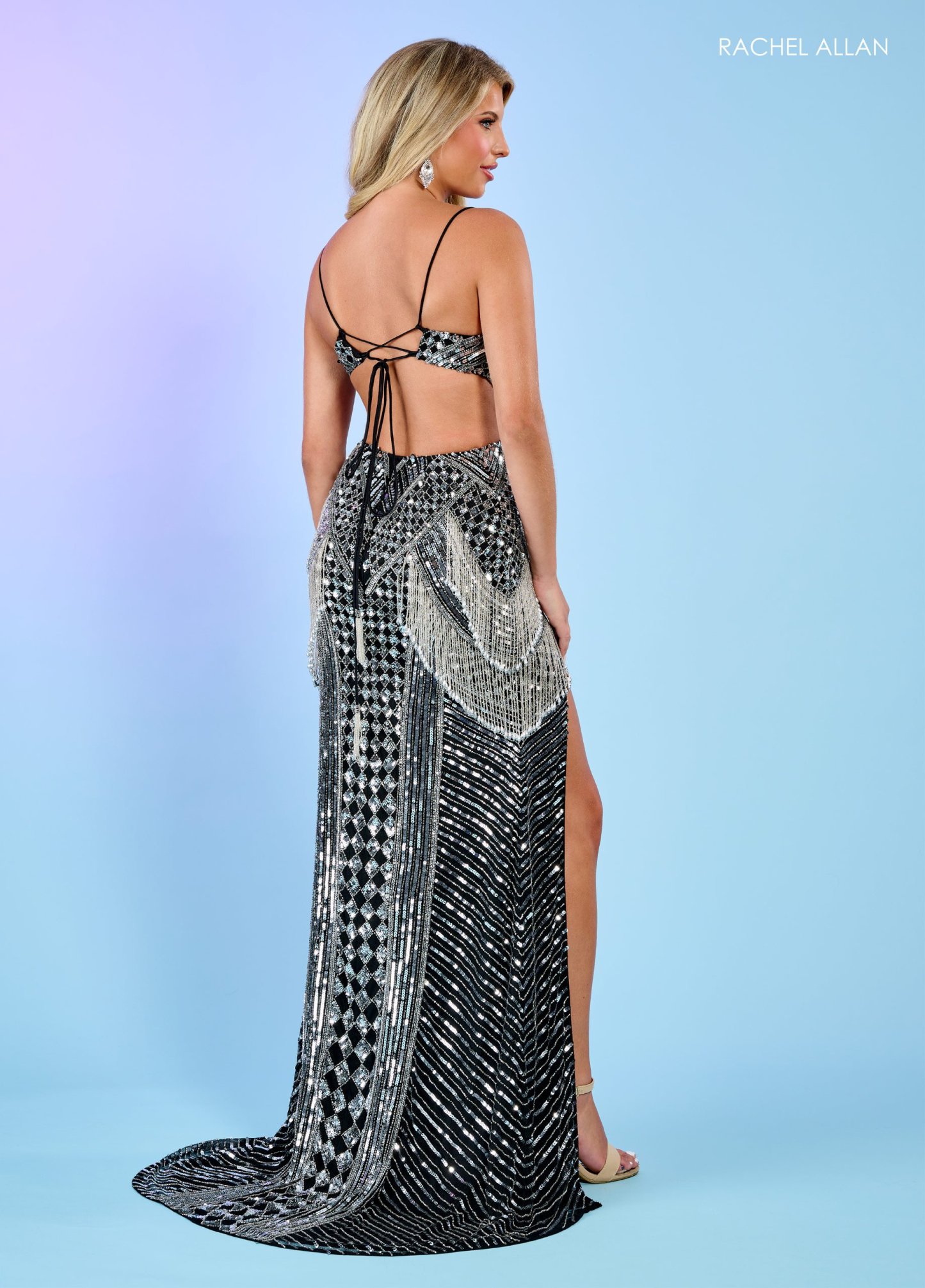 Fit & Flare Plunging V-Neck Spaghetti Straps Stretch Tulle Beading Prom Dress 70497
