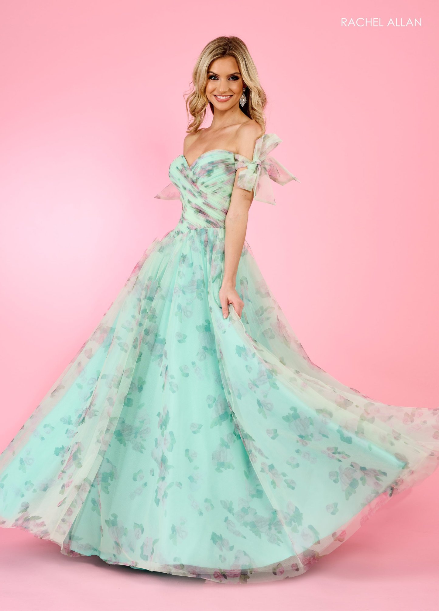 A-Line Sweetheart Off-The-Shoulder Print Tulle Floral Prom Dress70495