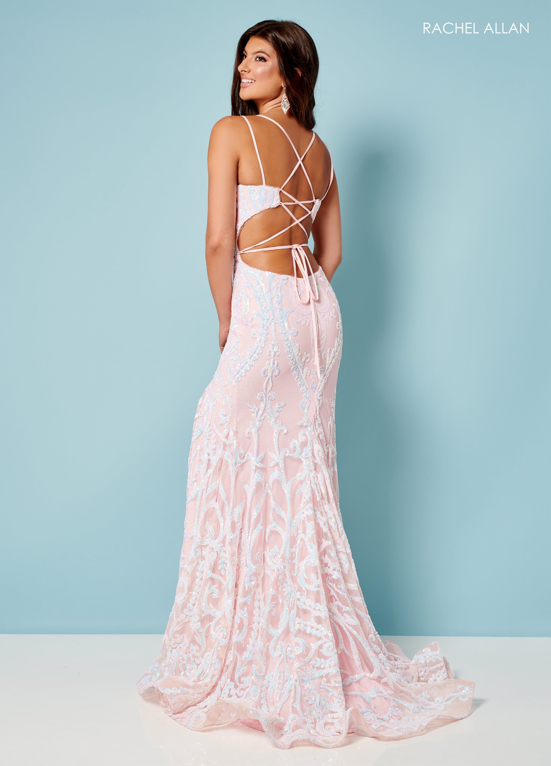 Fitted V-Neck Sequin Tulle Lace-Up Back Prom Dress 70279