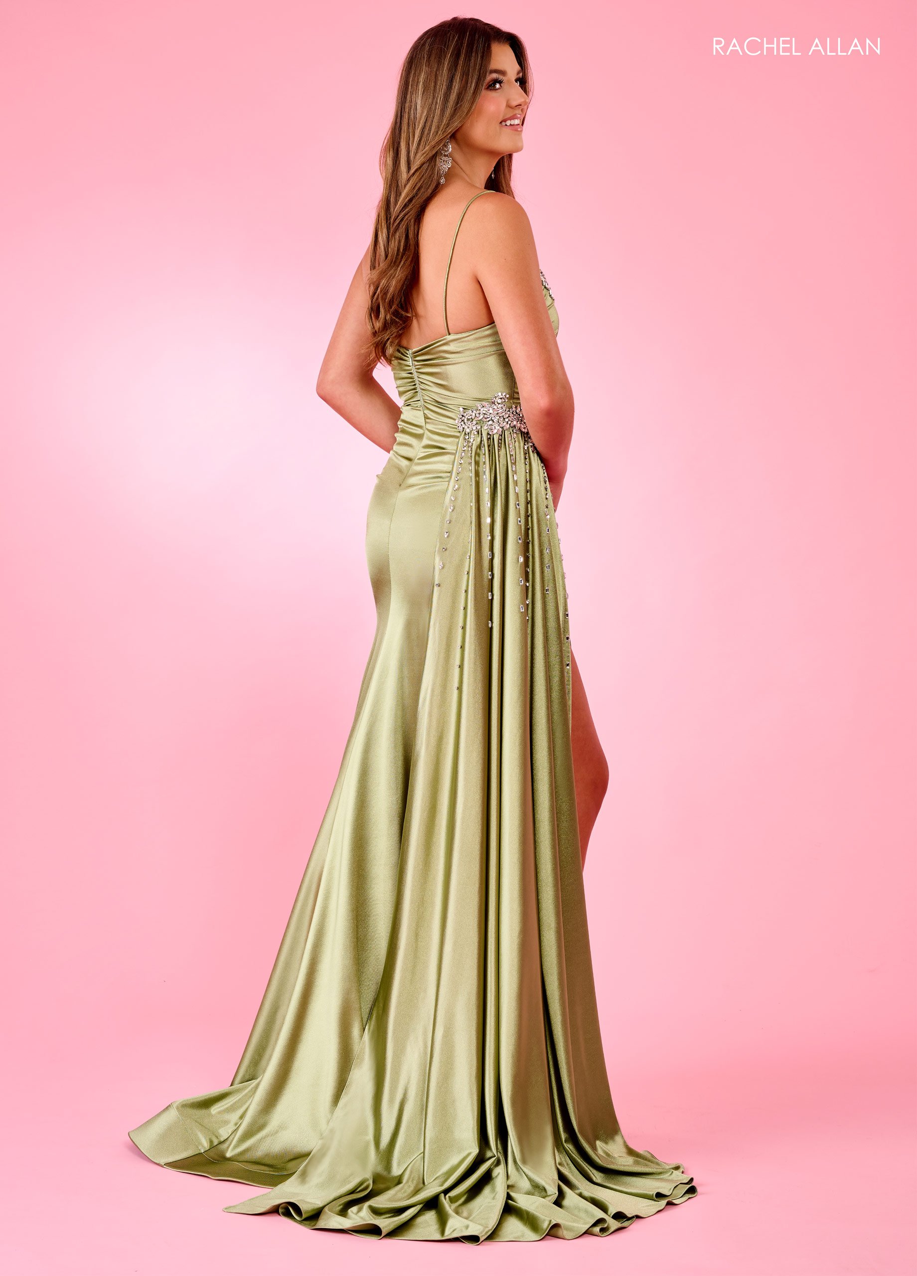 Elegant Rounded Neckline Stretch Satin Jersey Beaded Prom Dress 70593