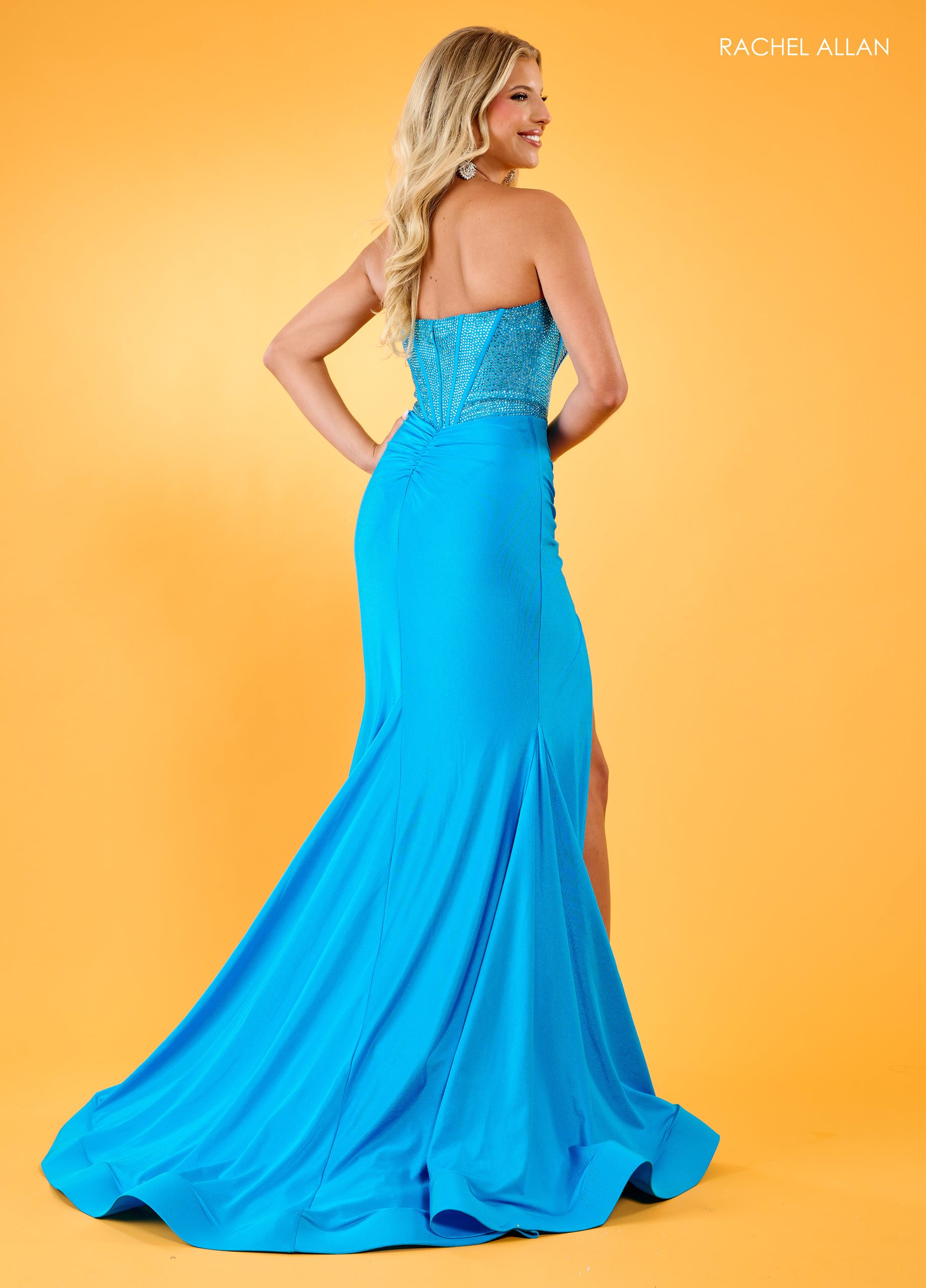 Stunning Strapless Luxe Lycra Jersey Beaded Bodice High Slit Prom Dress 70305