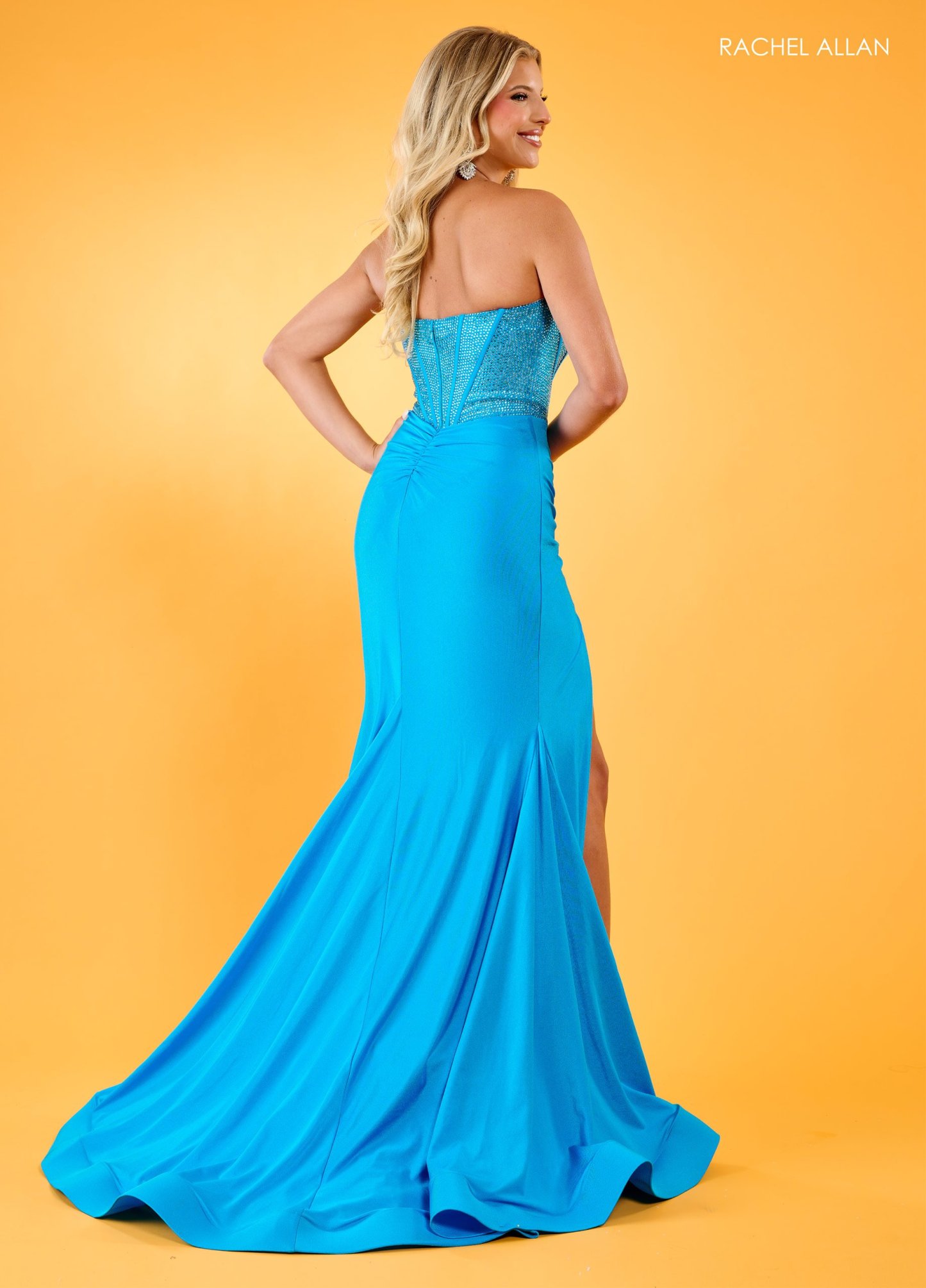 Stunning Strapless Luxe Lycra Jersey Beaded Bodice High Slit Prom Dress 70305