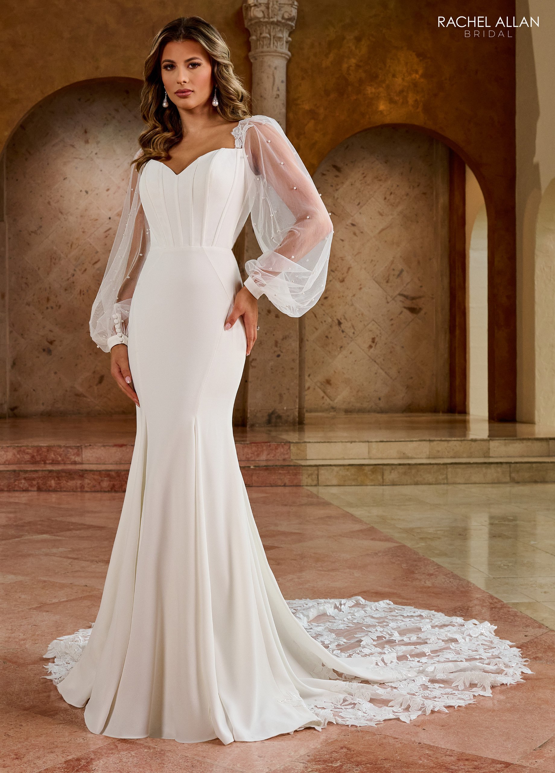 Deep V-Neck Stretch Crepe Pearls Wedding Dress With Bishop Sleeves RB5061