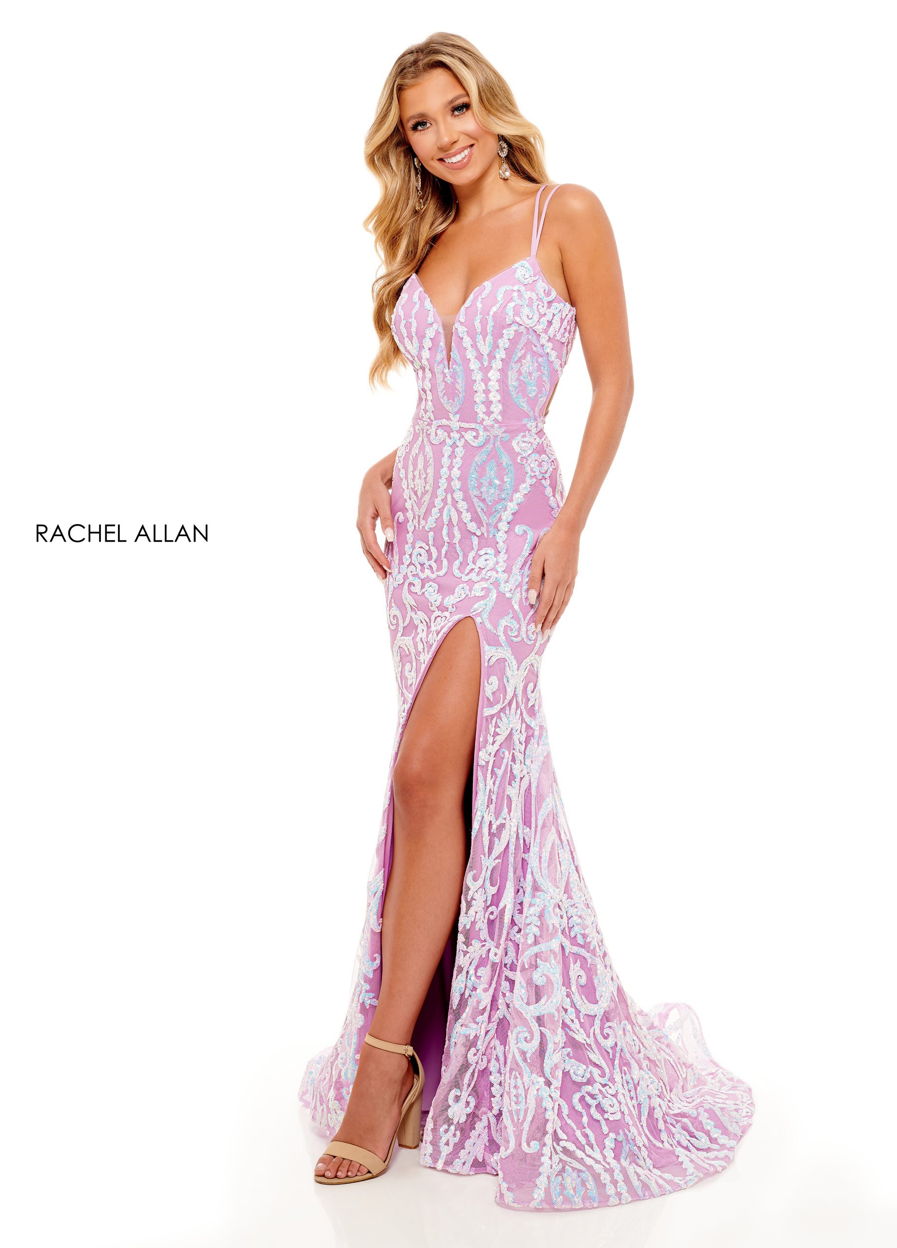 Fitted V-Neck Sequin Tulle Lace-Up Back Prom Dress 70279
