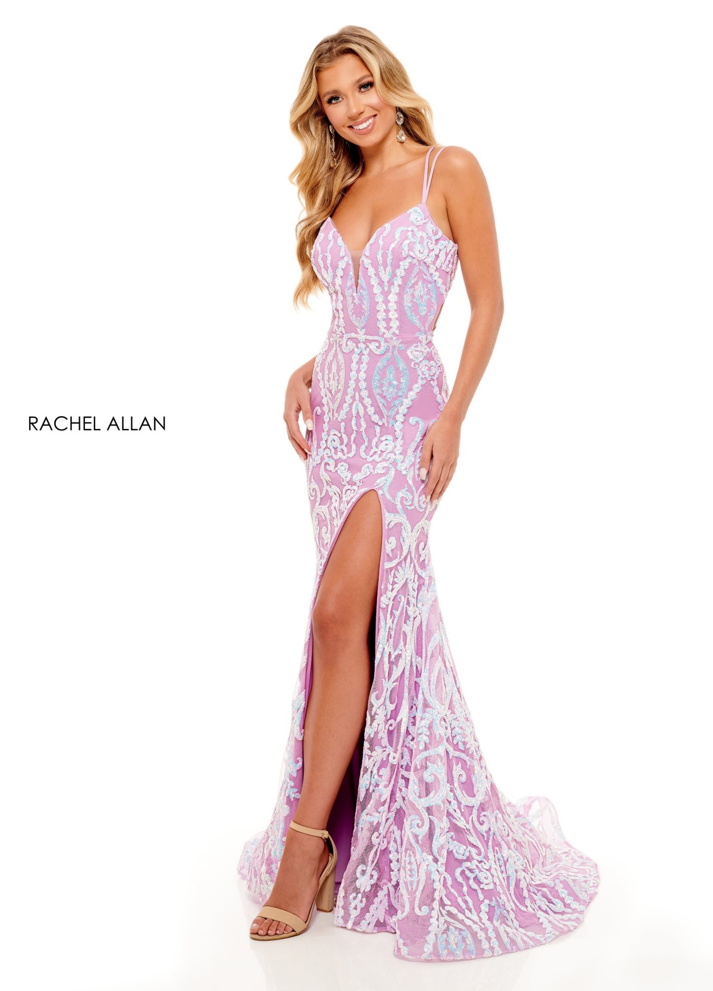 Fitted V-Neck Sequin Tulle Lace-Up Back Prom Dress 70279