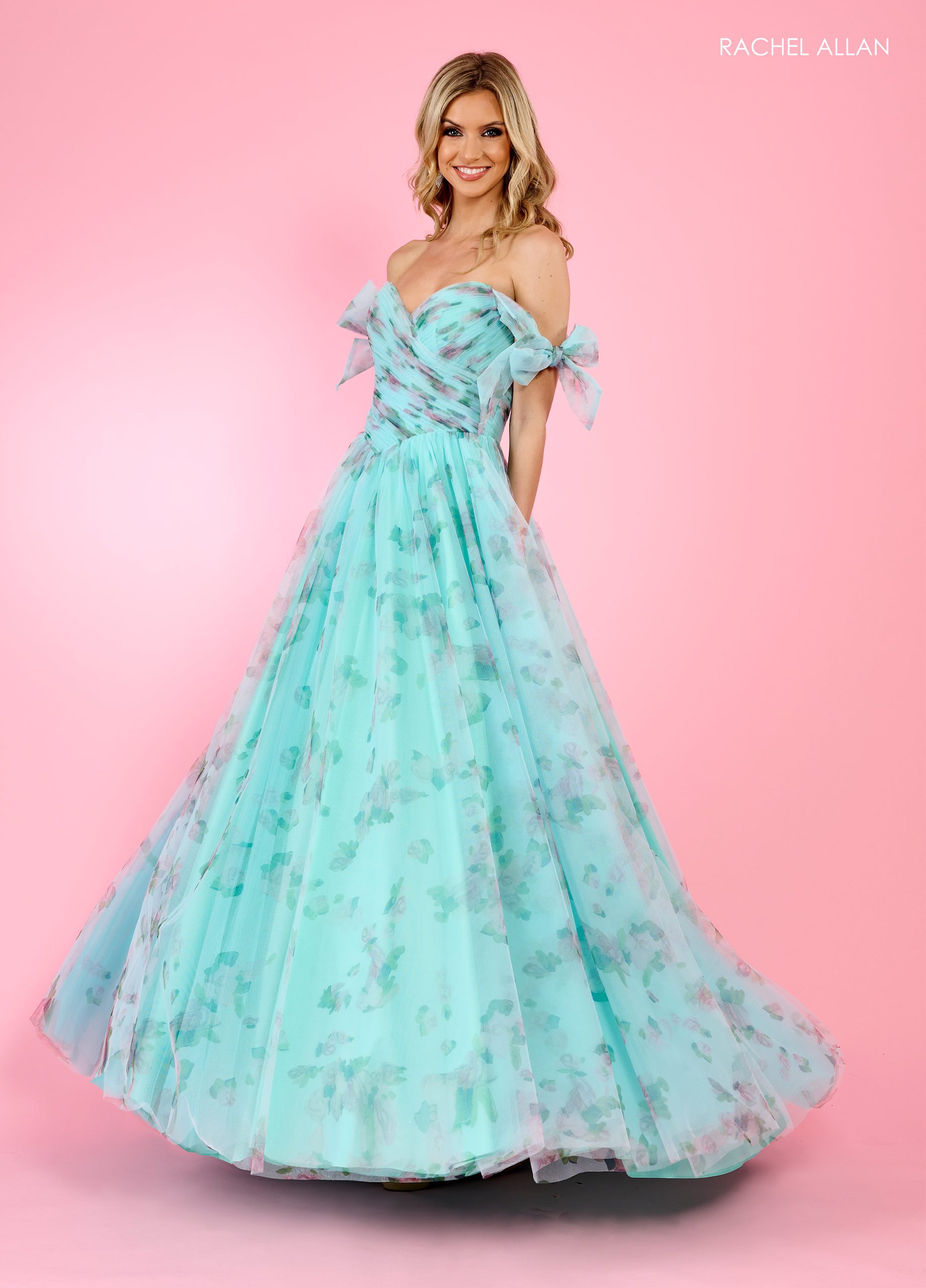A-Line Sweetheart Off-The-Shoulder Print Tulle Floral Prom Dress70495