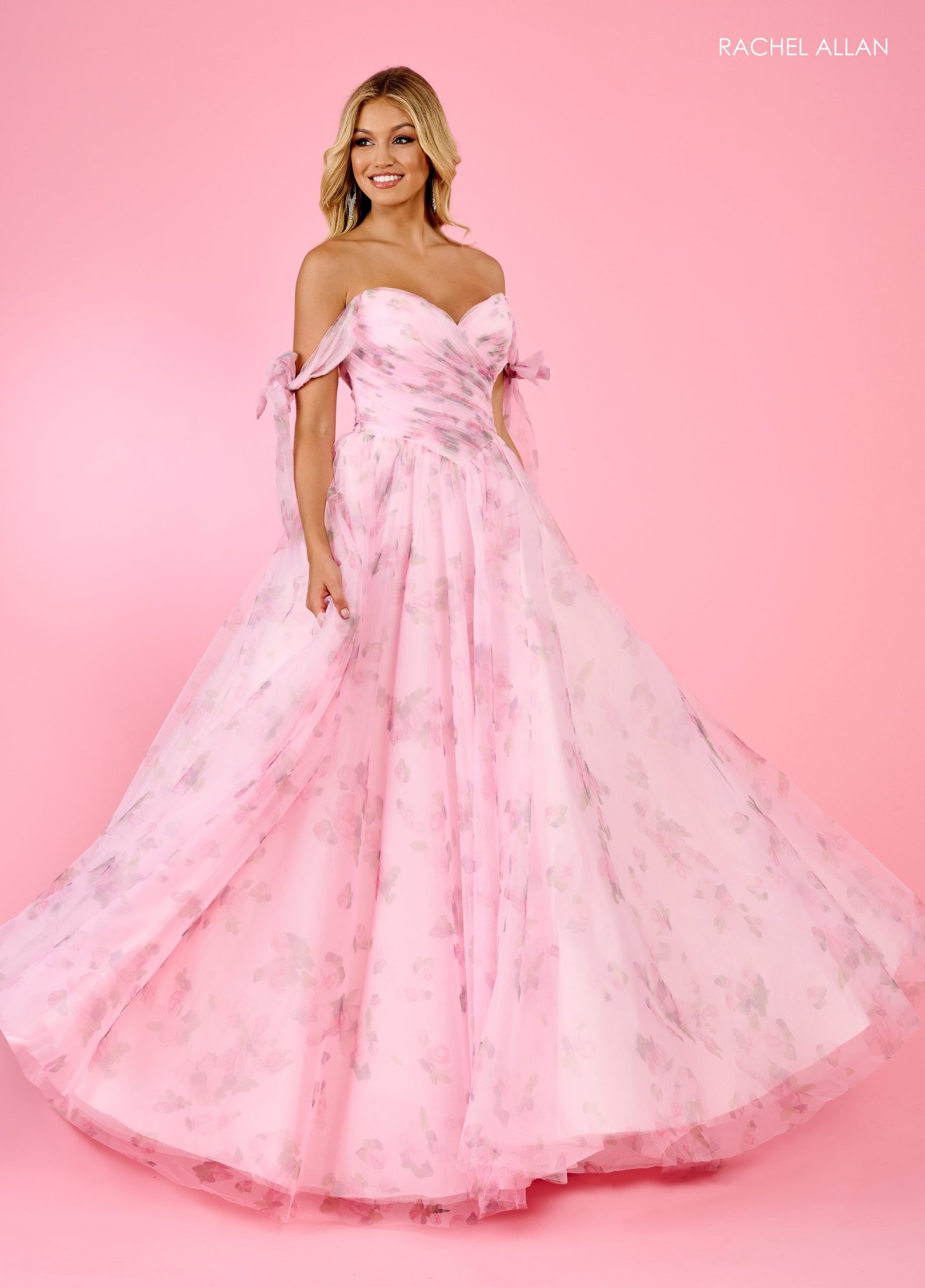 A-Line Sweetheart Off-The-Shoulder Print Tulle Floral Prom Dress70495