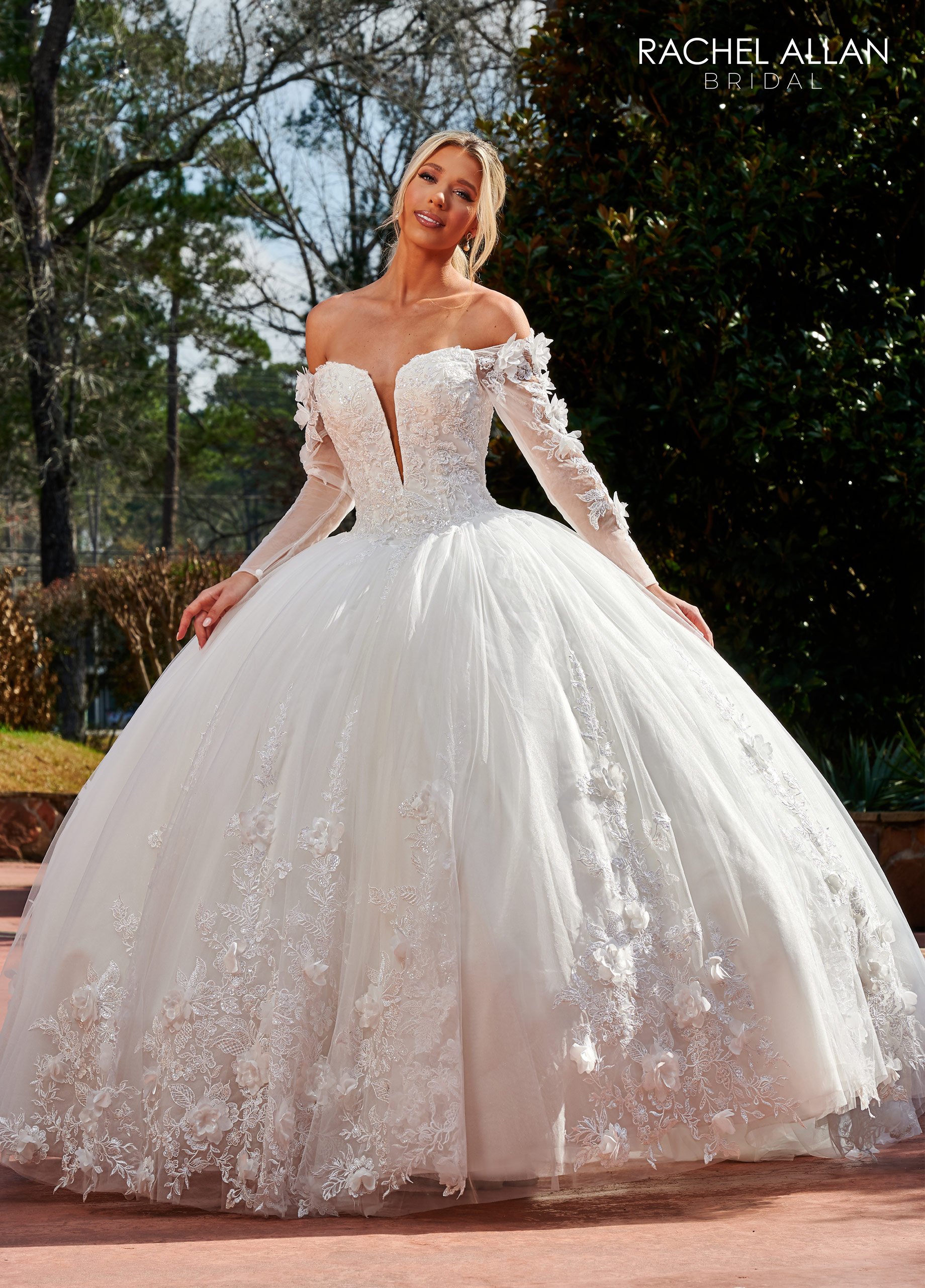 Plunging V-Neck Off-The-Shoulder Illusion Long Sleeves Wedding Dress