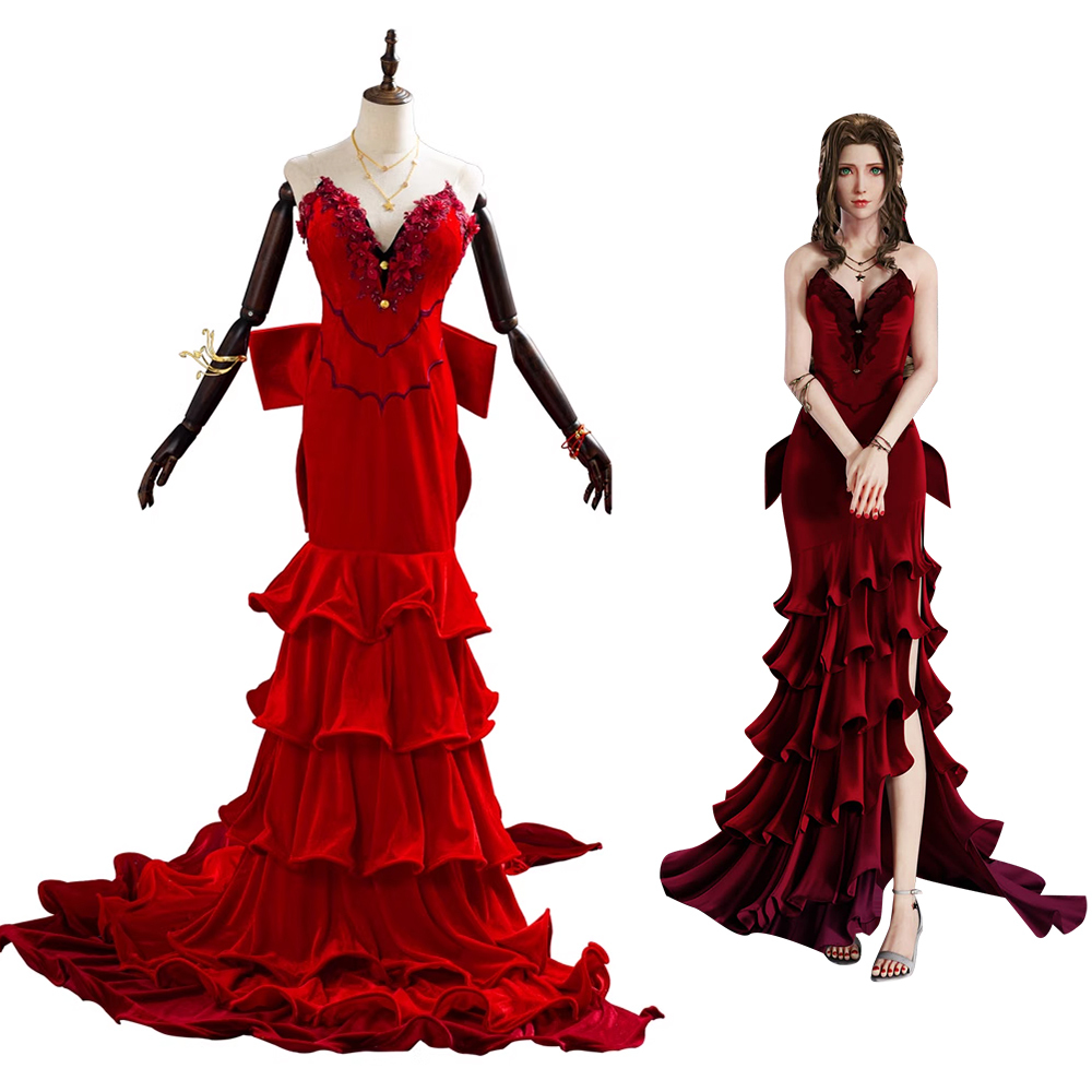 Final Fantasy FFVII Ever Aerith Gainsborough Red Dress Cosplay Costume