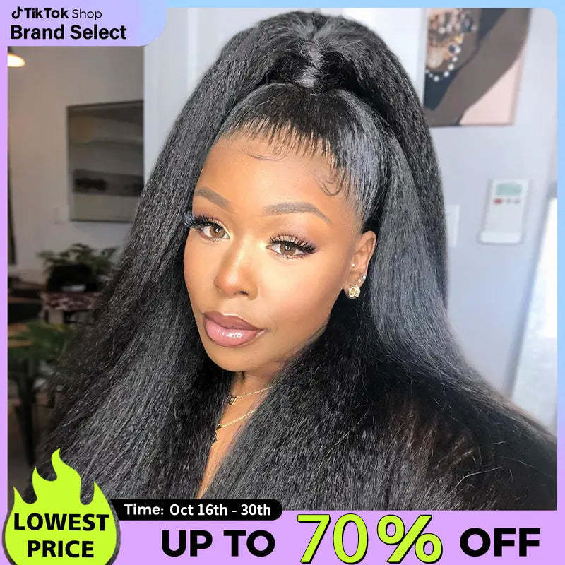 Sale Happening Now:70%OFF Pre-Cut Lace Kinky Straight 360 Full Lace Frontal Glueless Wig With Invisi Drawstring Pre Plucked Human Hair Wig