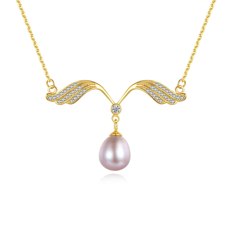 Angel Wings Freshwater Pearl Pendant Necklace | 14K Gold Over Sterling Silver