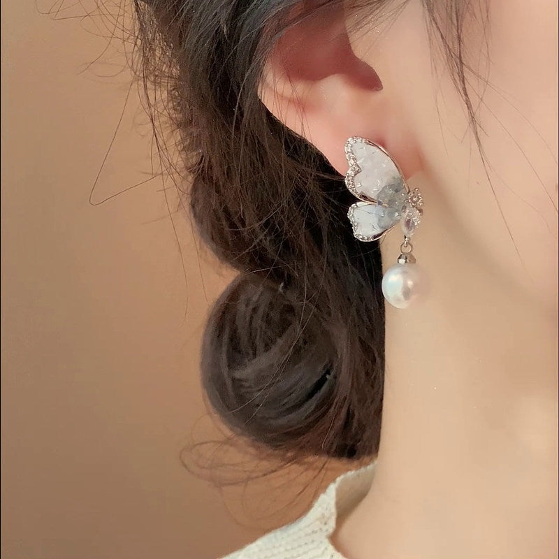 Temperament Butterfly Pearl Drop Earrings