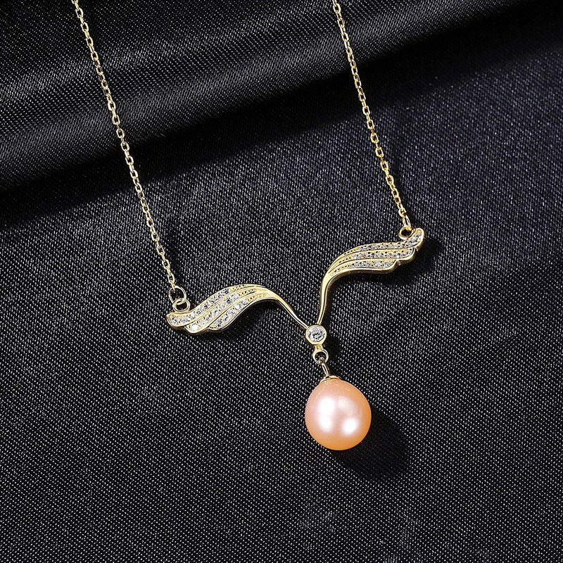 Angel Wings Freshwater Pearl Pendant Necklace | 14K Gold Over Sterling Silver