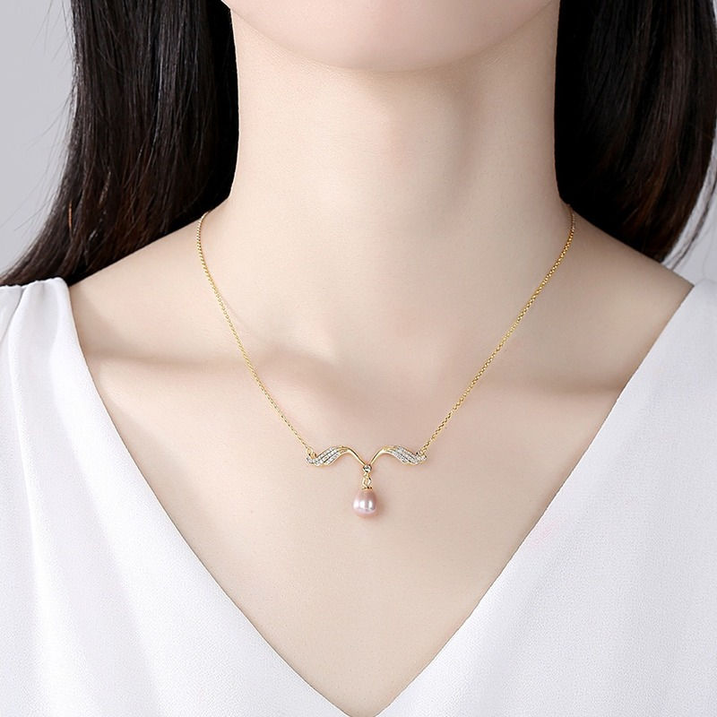 Angel Wings Freshwater Pearl Pendant Necklace | 14K Gold Over Sterling Silver