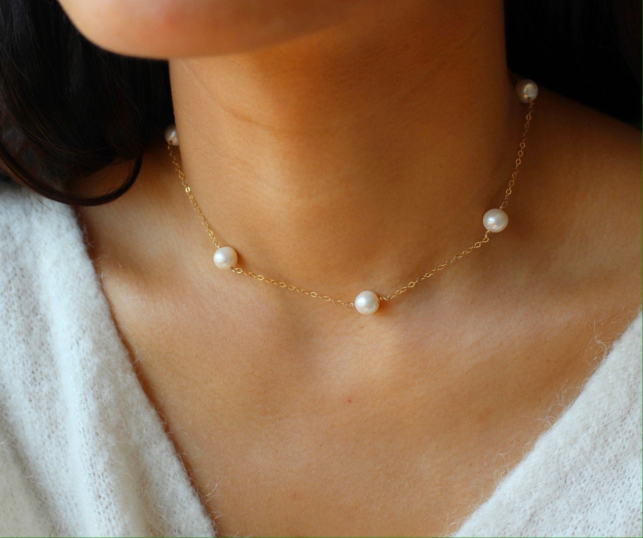 5-6mm Freshwater Akoya Pearls Tincup Necklace