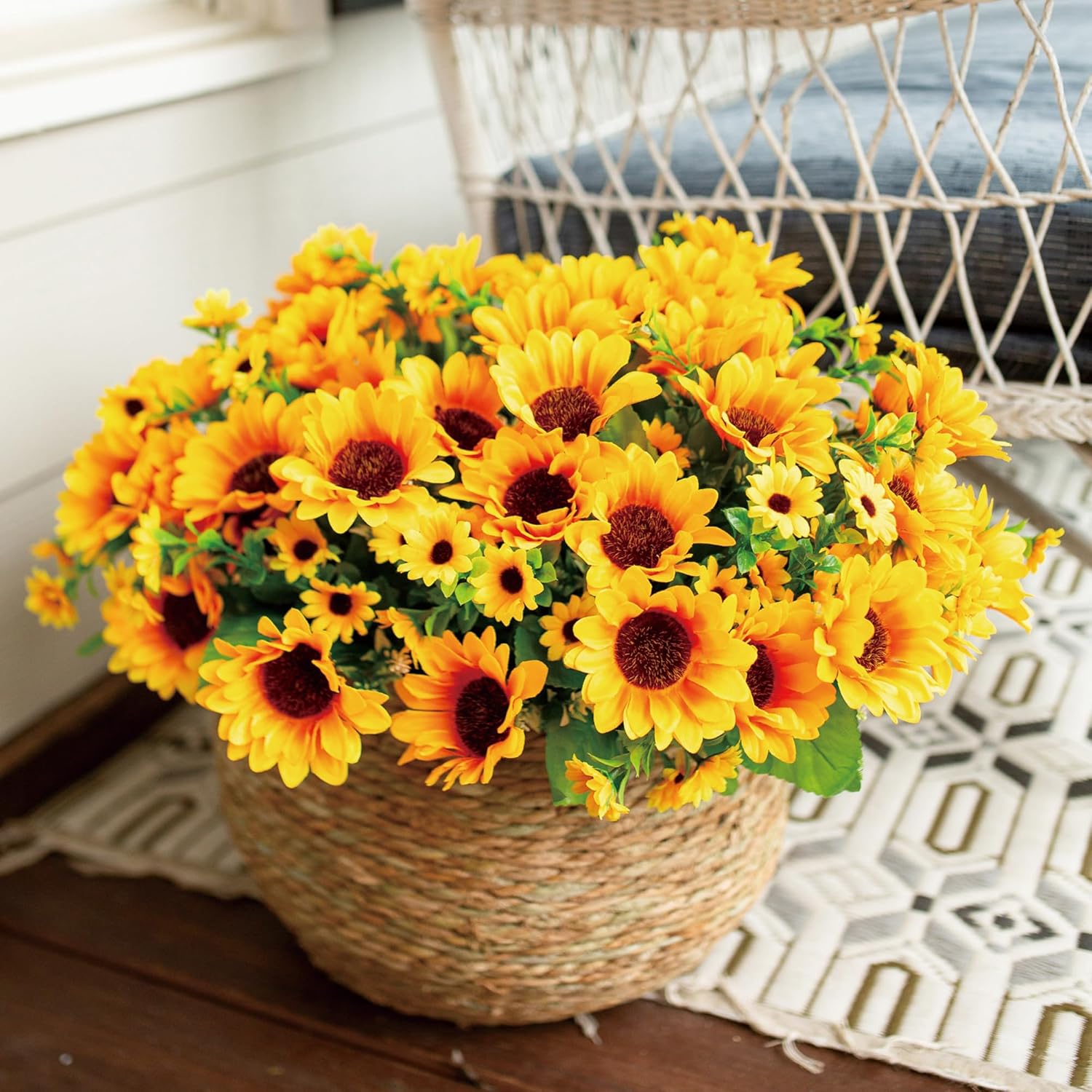 Artificial Faux Sunflowers Flowers Plants for Fall Outdoor Indoor Decoration 5 Bundles